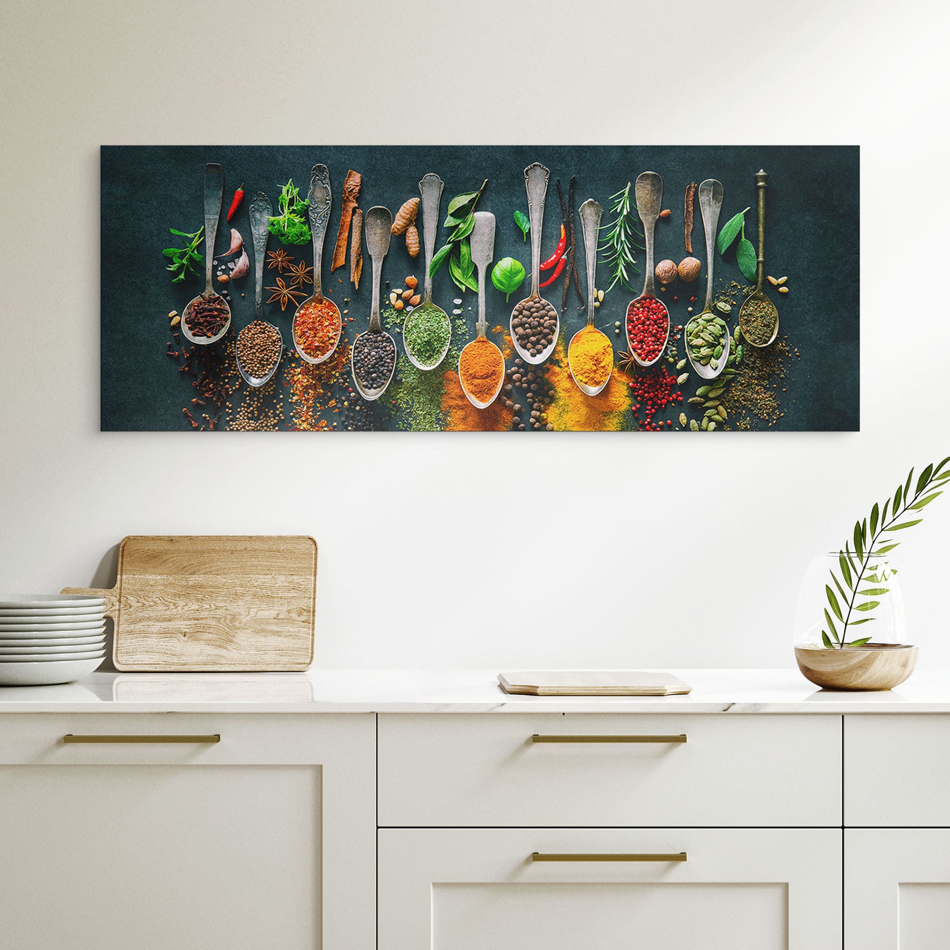 Wandbild Bunte Vielfalt an Gewürzen - Panorama - Alu-Dibond