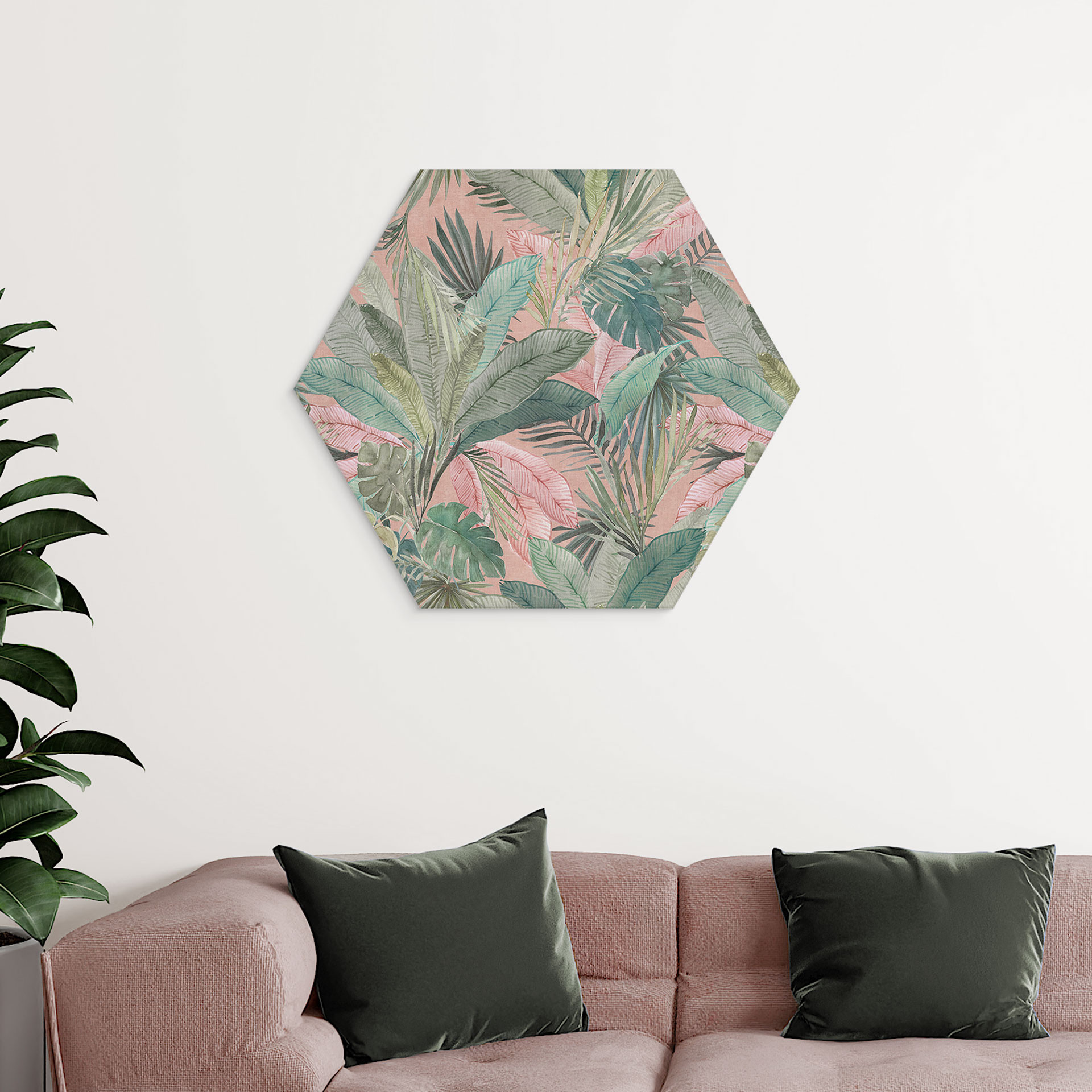 Sekskantet Billede af tropiske blade i junglen - Bloomery Decor - aluminium dibond
