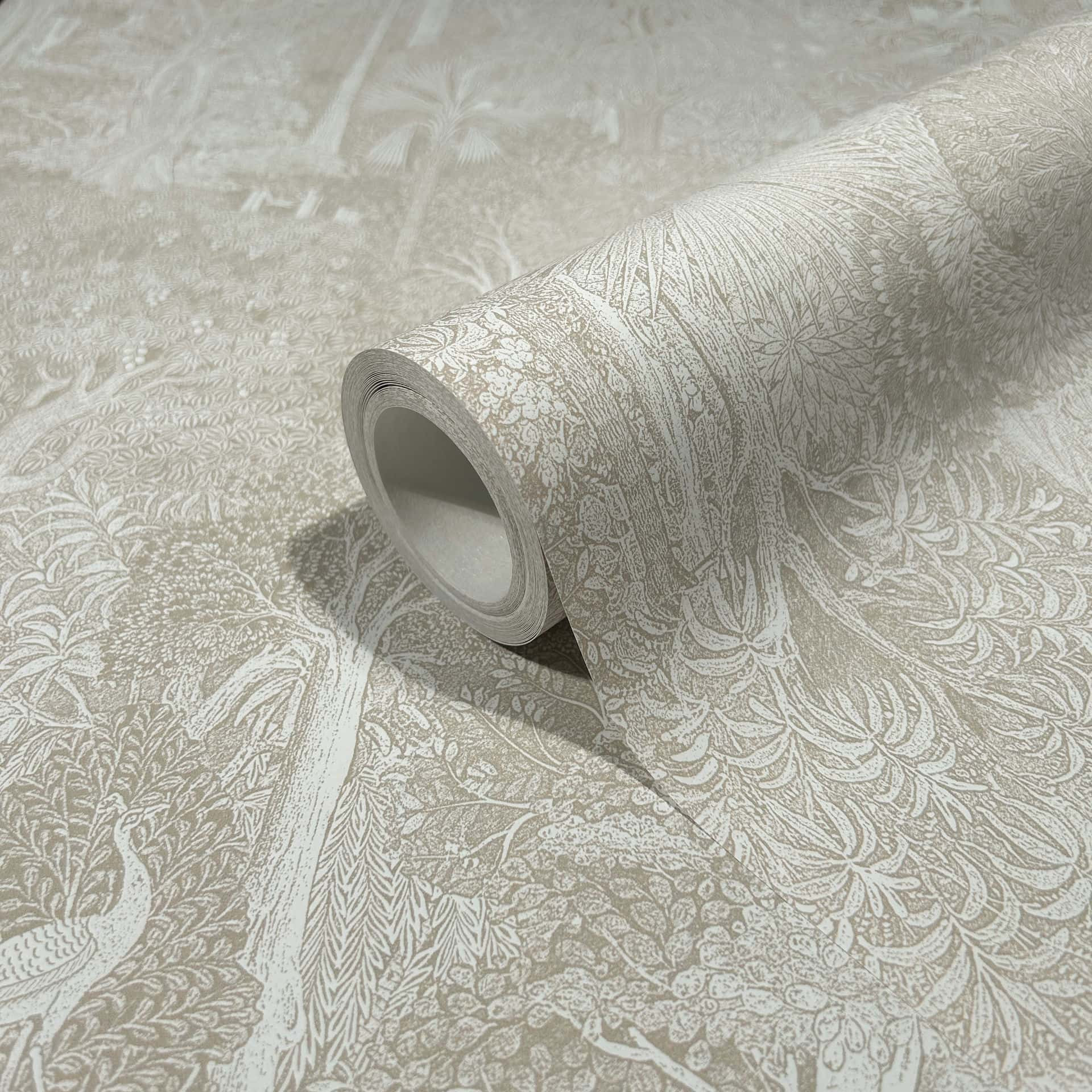 Vliesbehang bos, bomen bloemen natuur in beige