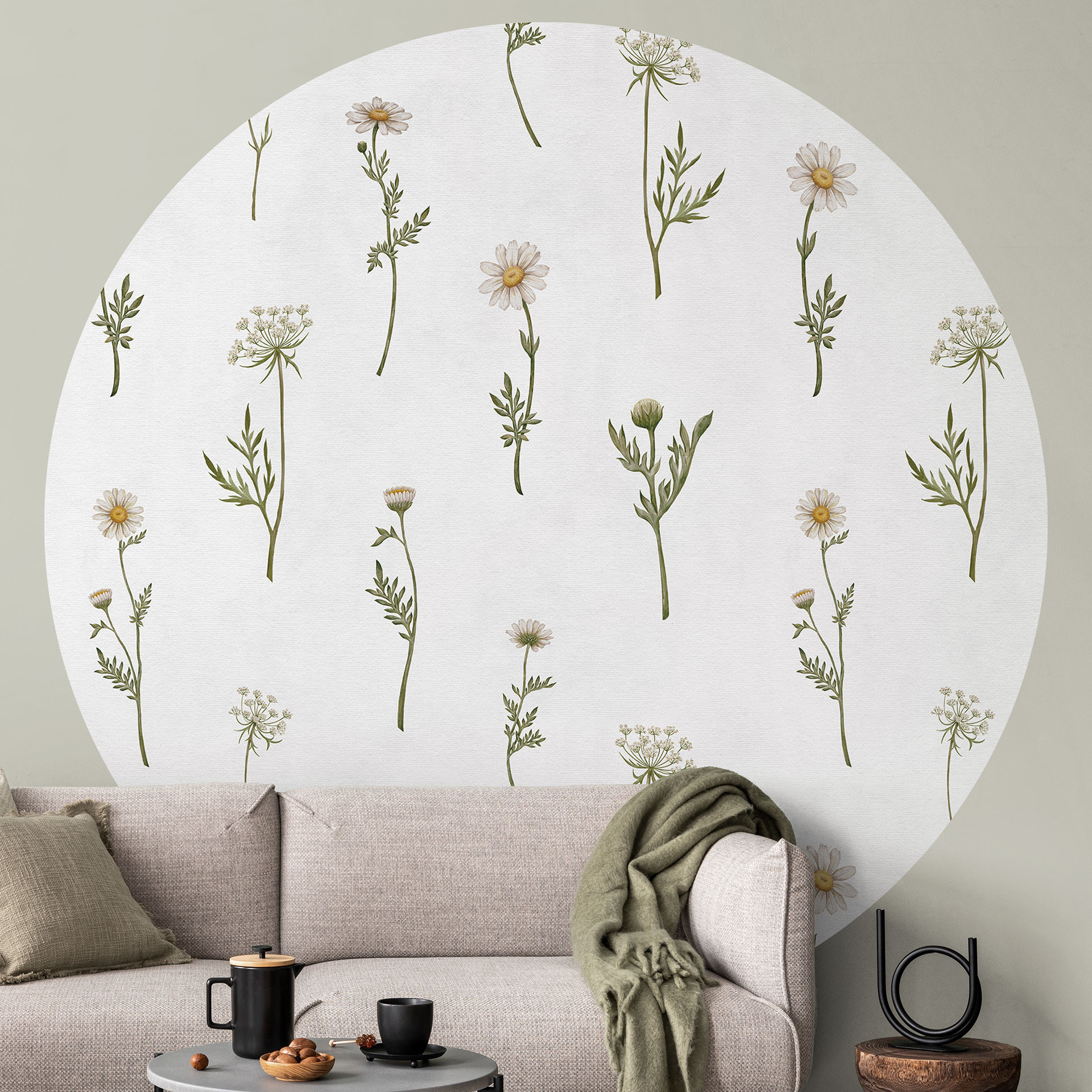 Romantische weide met veldbloemen behang - Kikki Belle - Rond - vliesbehang/zelfklevend vliesbehang