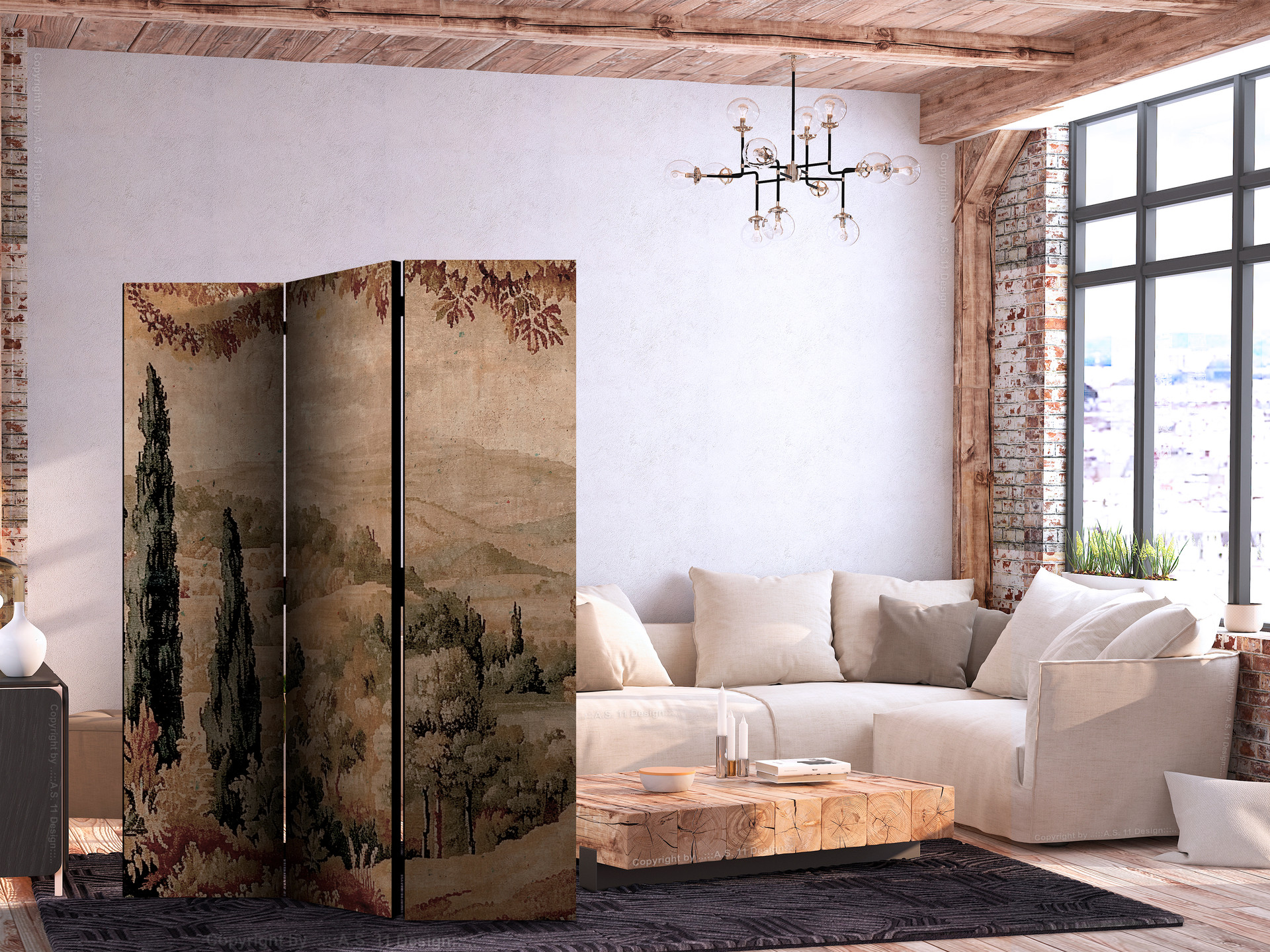 Paravent, Raumteiler freistehend, Trennwand - Landscape with Cypresses: Old Tapestry