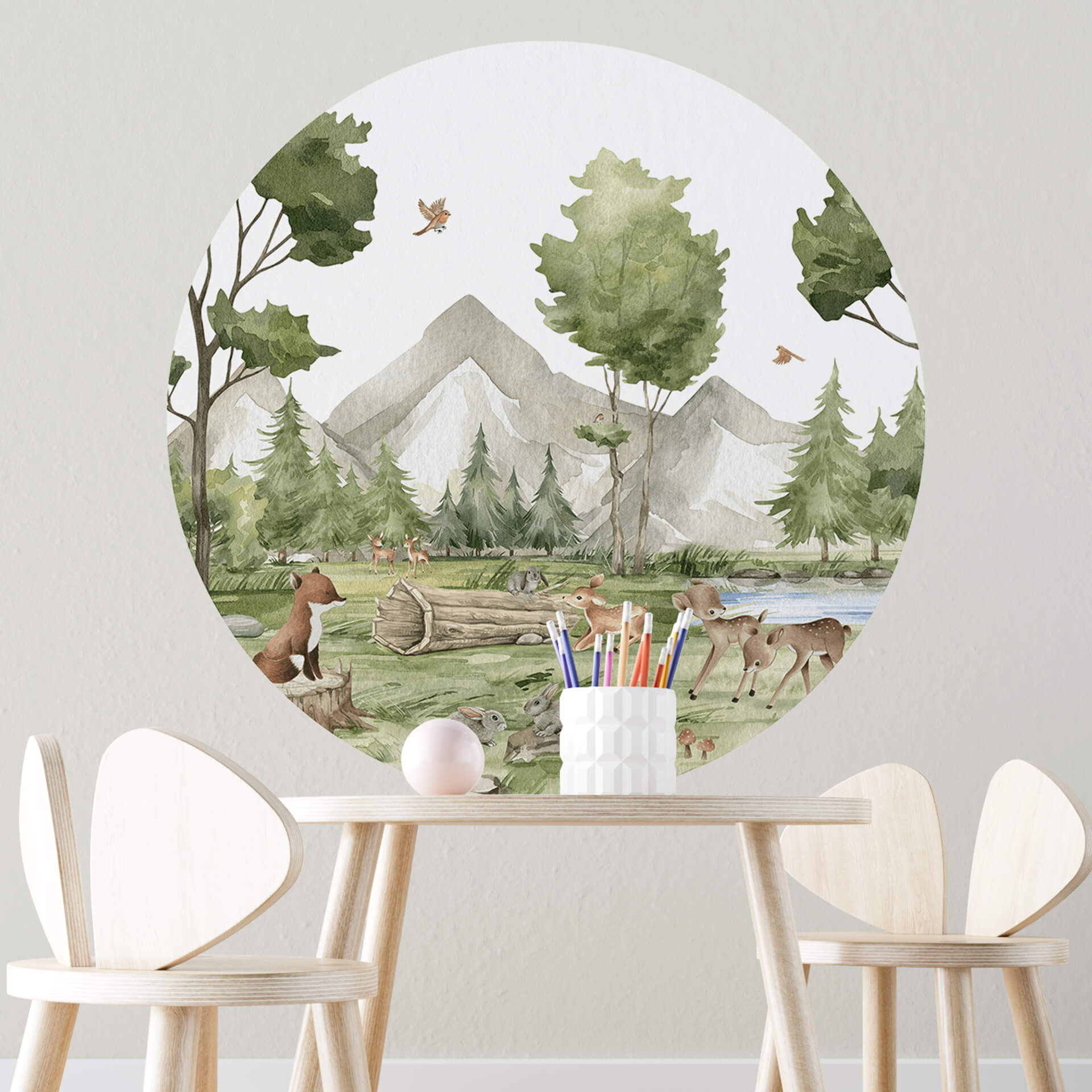 Kinderzimmer Wandtattoo Oliver Robins - Niedliche Tiere im Wald - Rund