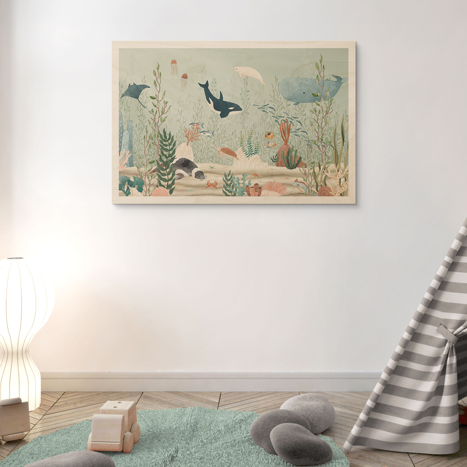 Plakat drewniany przedstawiający morskie stworzenia w głębi oceanu - Oliver Robins