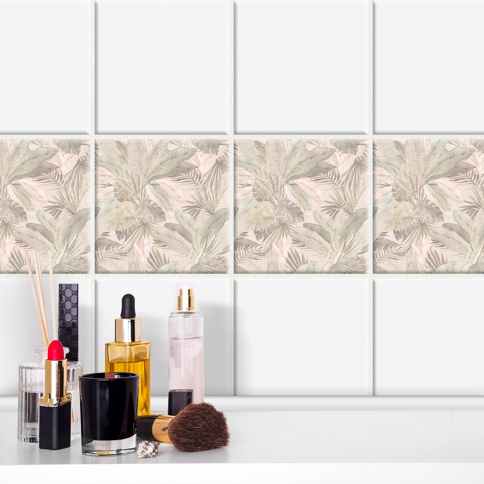 Naklejki na płytki tropikalne liście w pastelowej dżungli - Bloomery Decor - Zestaw 12 sztuk