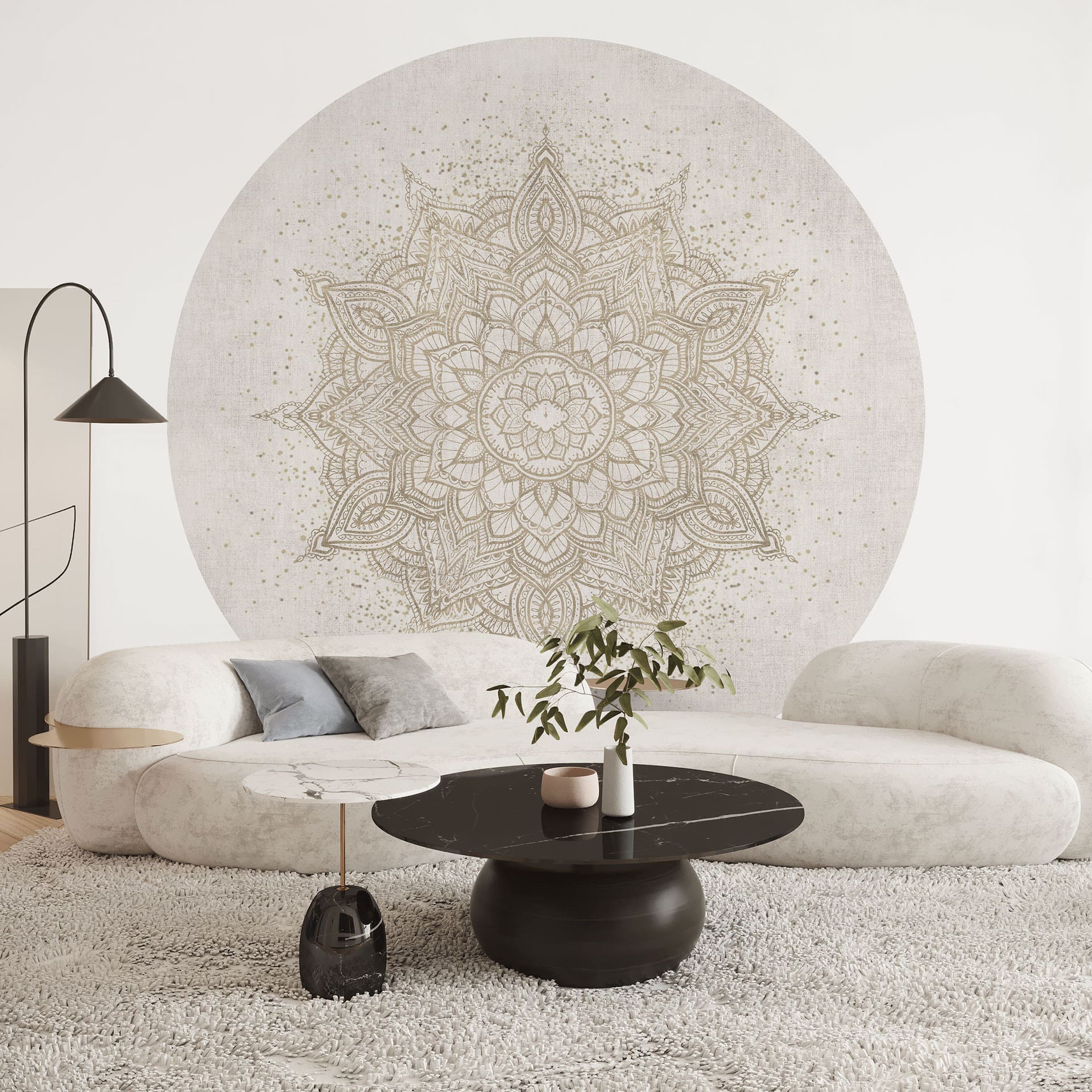 Boho ornament Fotobehang in linnen look - Bloomery Decor - Rond - vliesbehang/zelfklevend vliesbehan