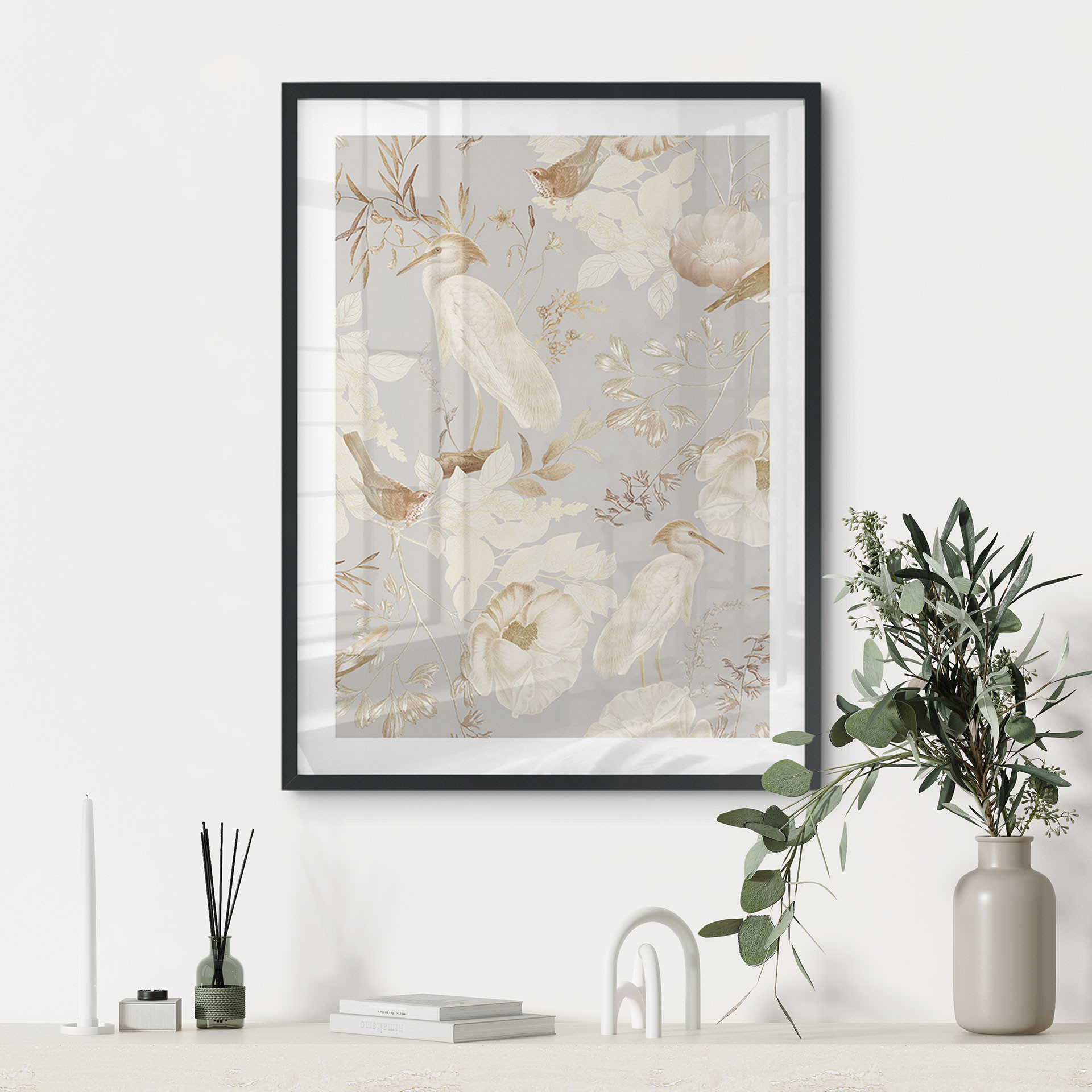 Plakat ptaki wśród białych kwiatów - UN Designs