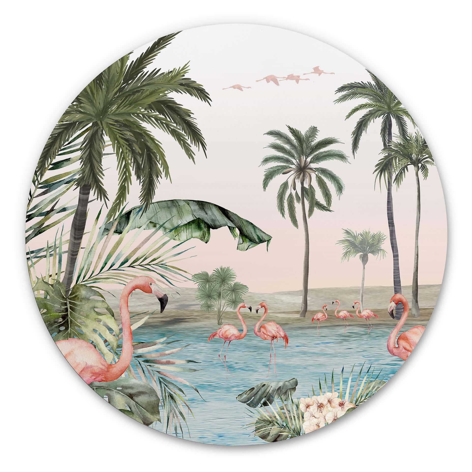 Tableau sur alu-Dibond rond Kikki Belle - Oasis de flamants roses