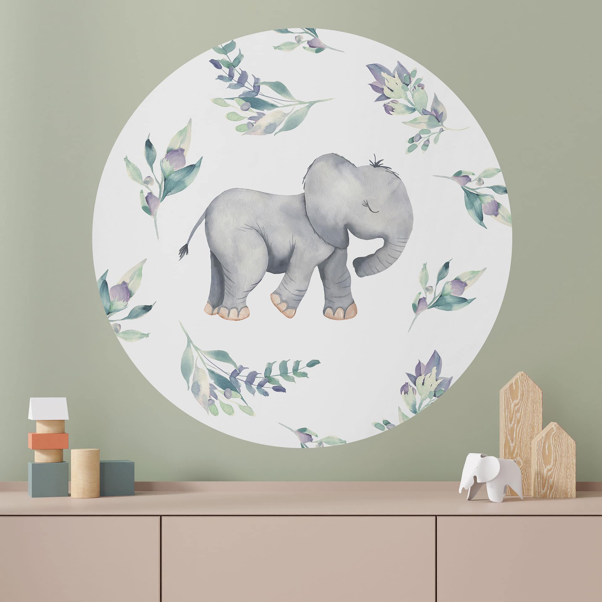 Muursticker Schattig babyolifantje tussen boho-takken - UN Designs - Rond