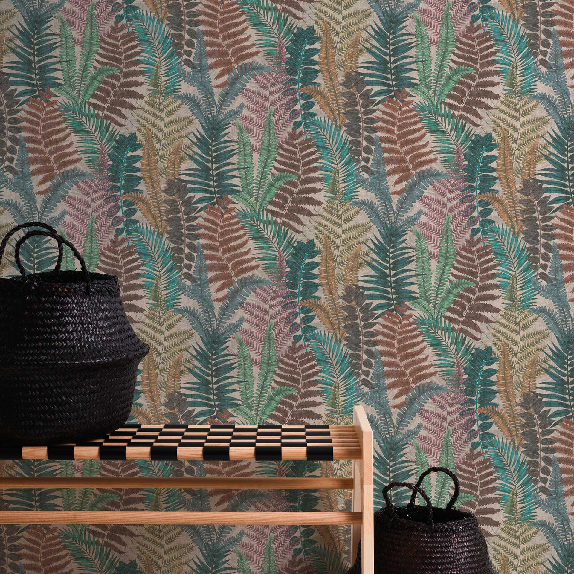 patroon behang met varenblaadjes kleurrijk - bloemen behang groen blauw paars