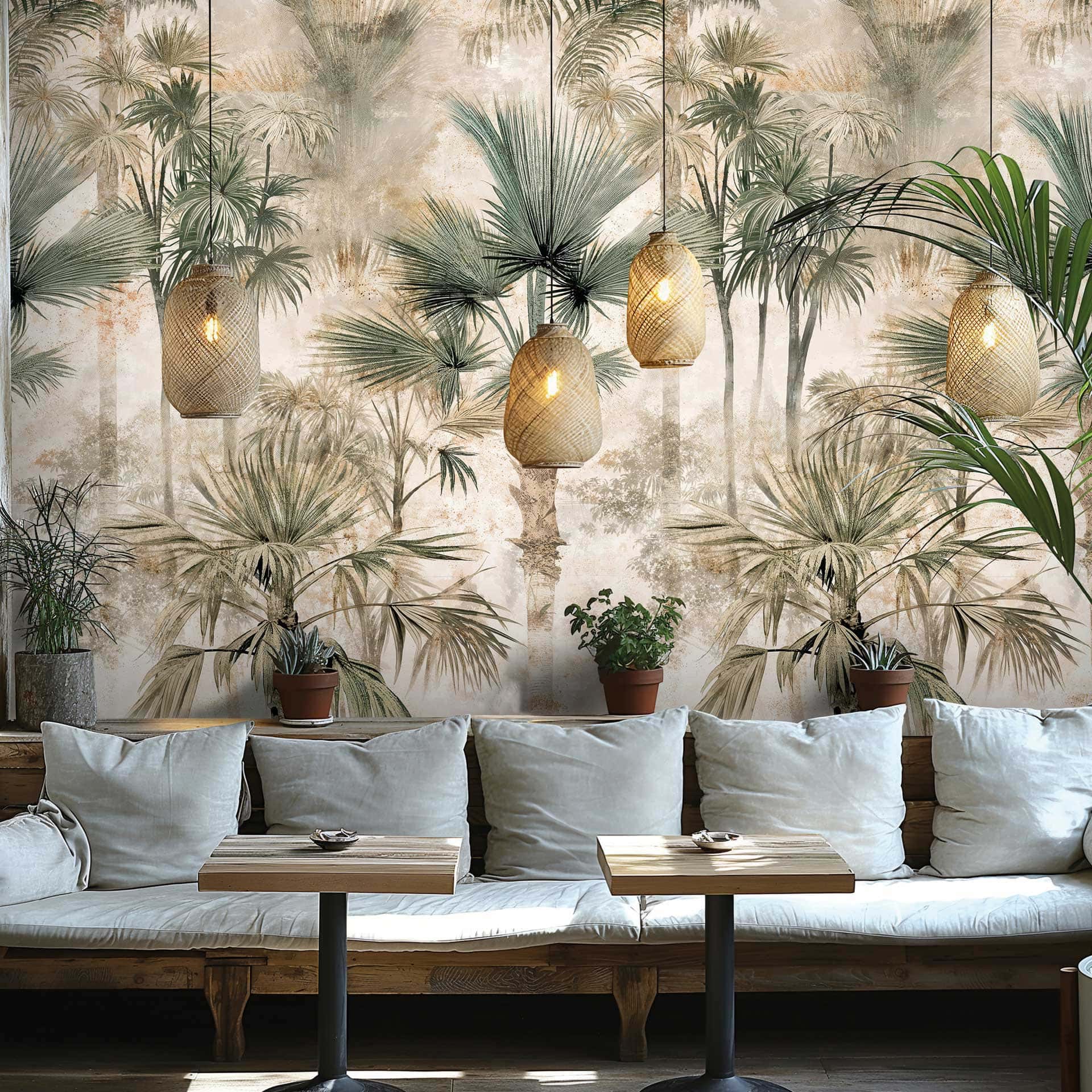 Tropische palmen beige groen Fotobehang - uittrekbaar & modern