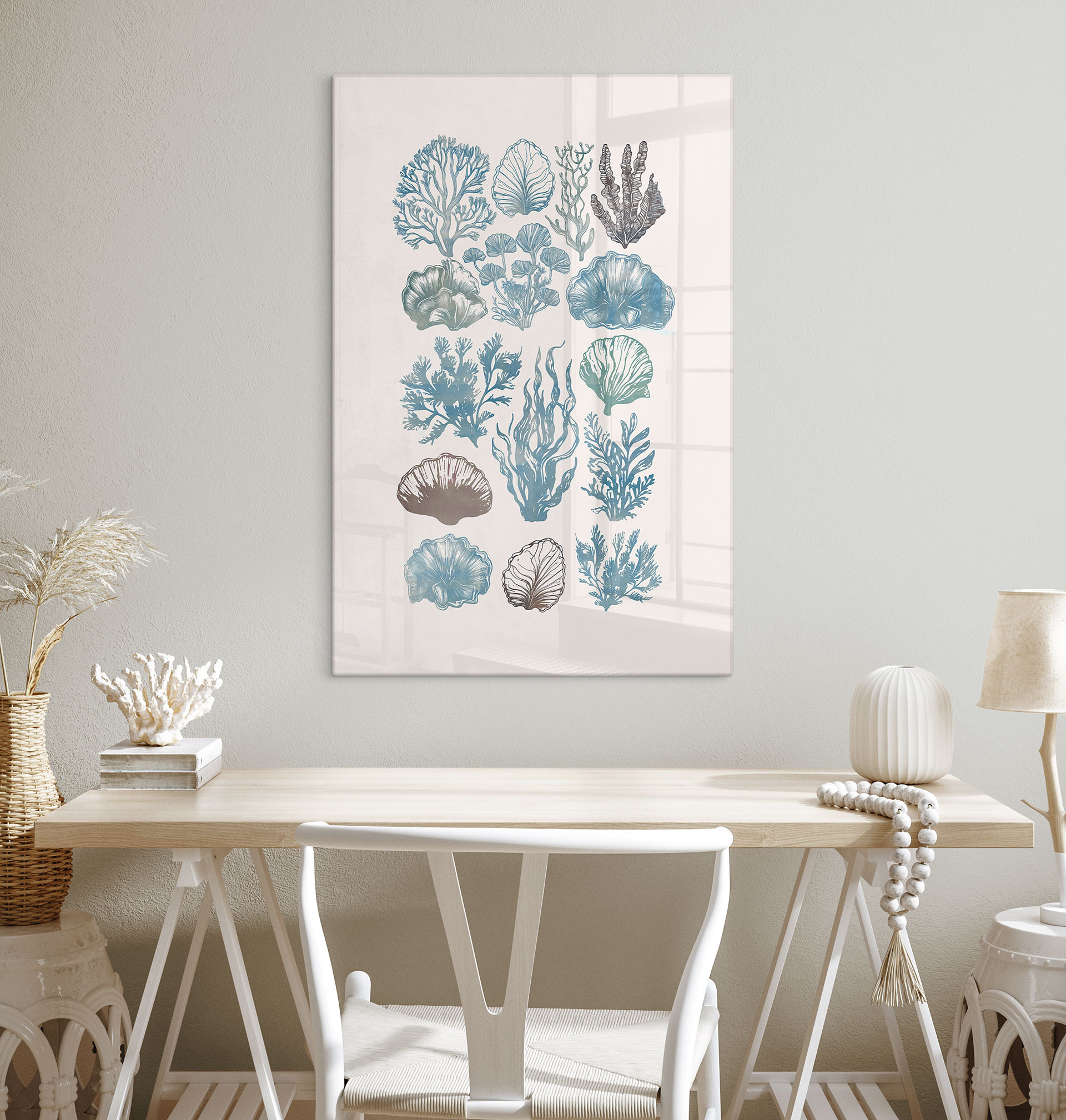 Glasbillede - Filigran alger og skaller | Maritim illustration - casa cartissi