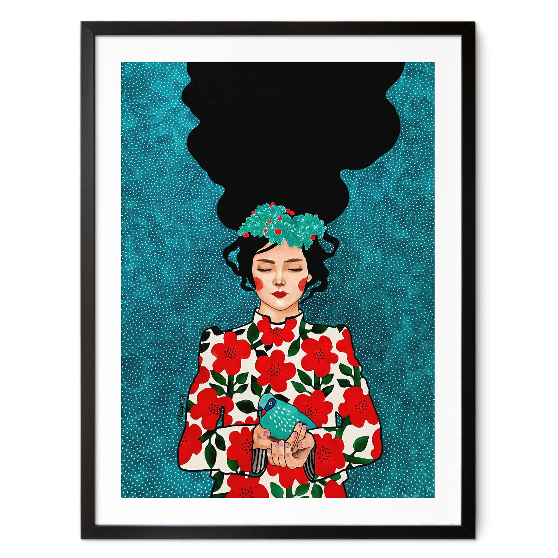 Poster Frau mit kleinem Vogel in den Händen - Hülya