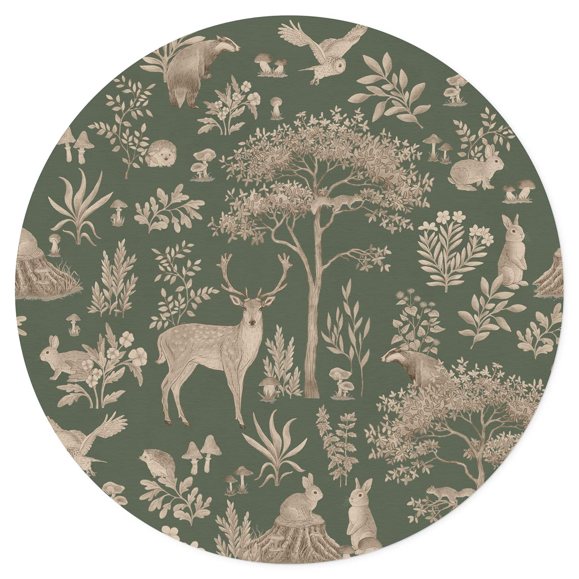 Wandtattoo Bezaubernder Wald mit Tieren - Vintage grün - Kikki Belle - Rund