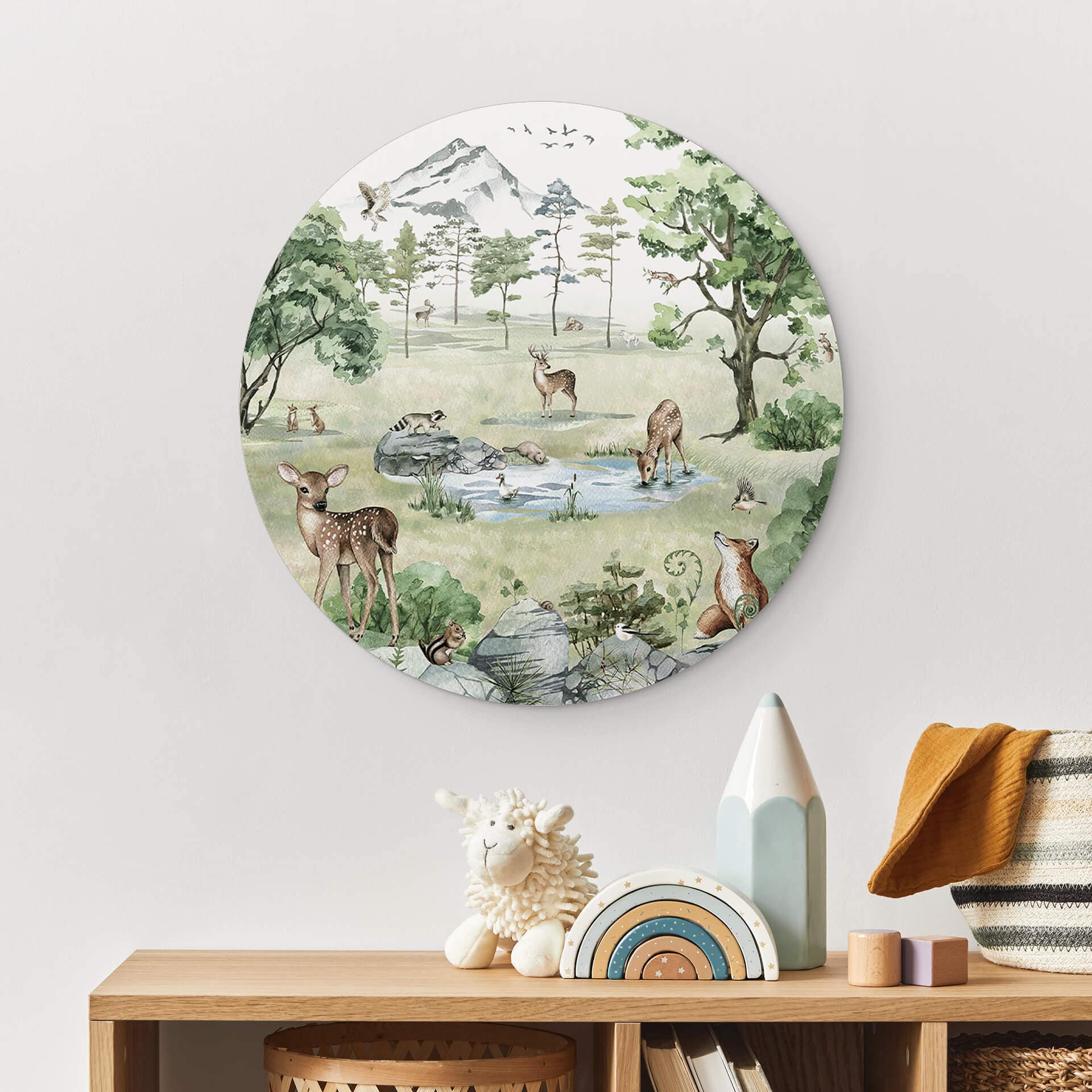Tableau sur alu-Dibond rond Kikki Belle - Forêt de cerfs