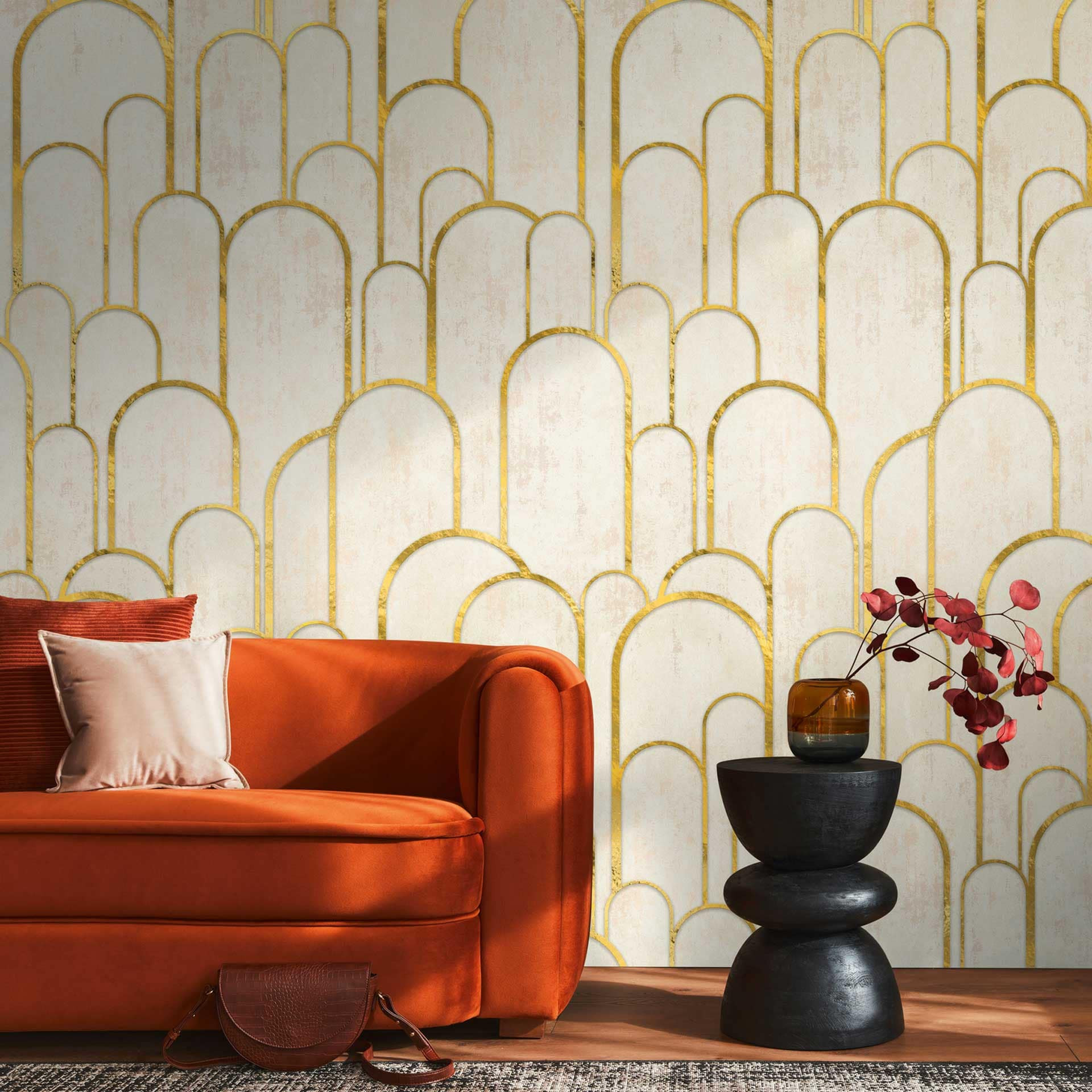 art deco behang met gouden elementen - vliesbehang vintage design - woonkamer behang