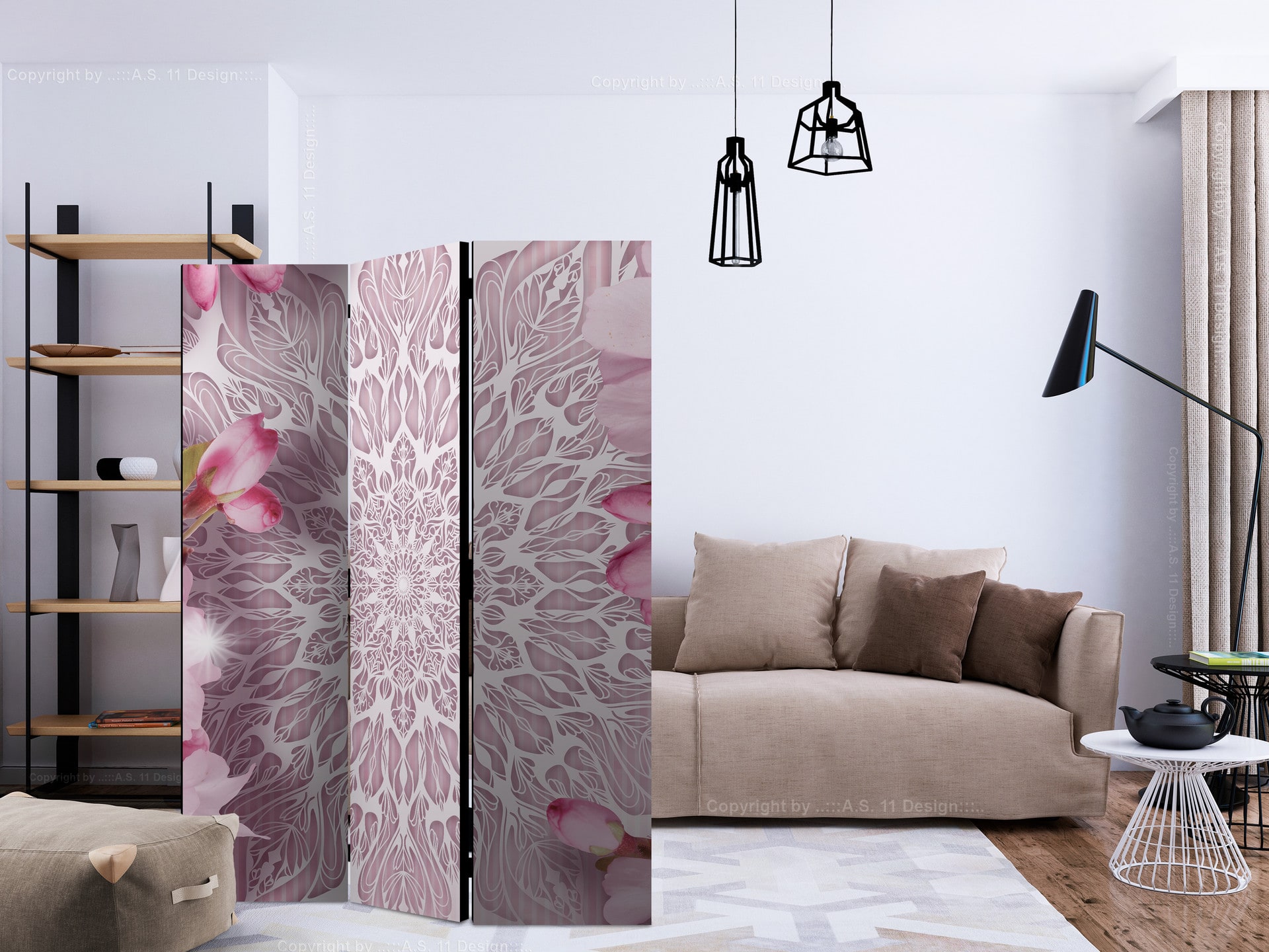 Screen room divider - Mandala i pastelfarver, 3-delt - 135x172 cm