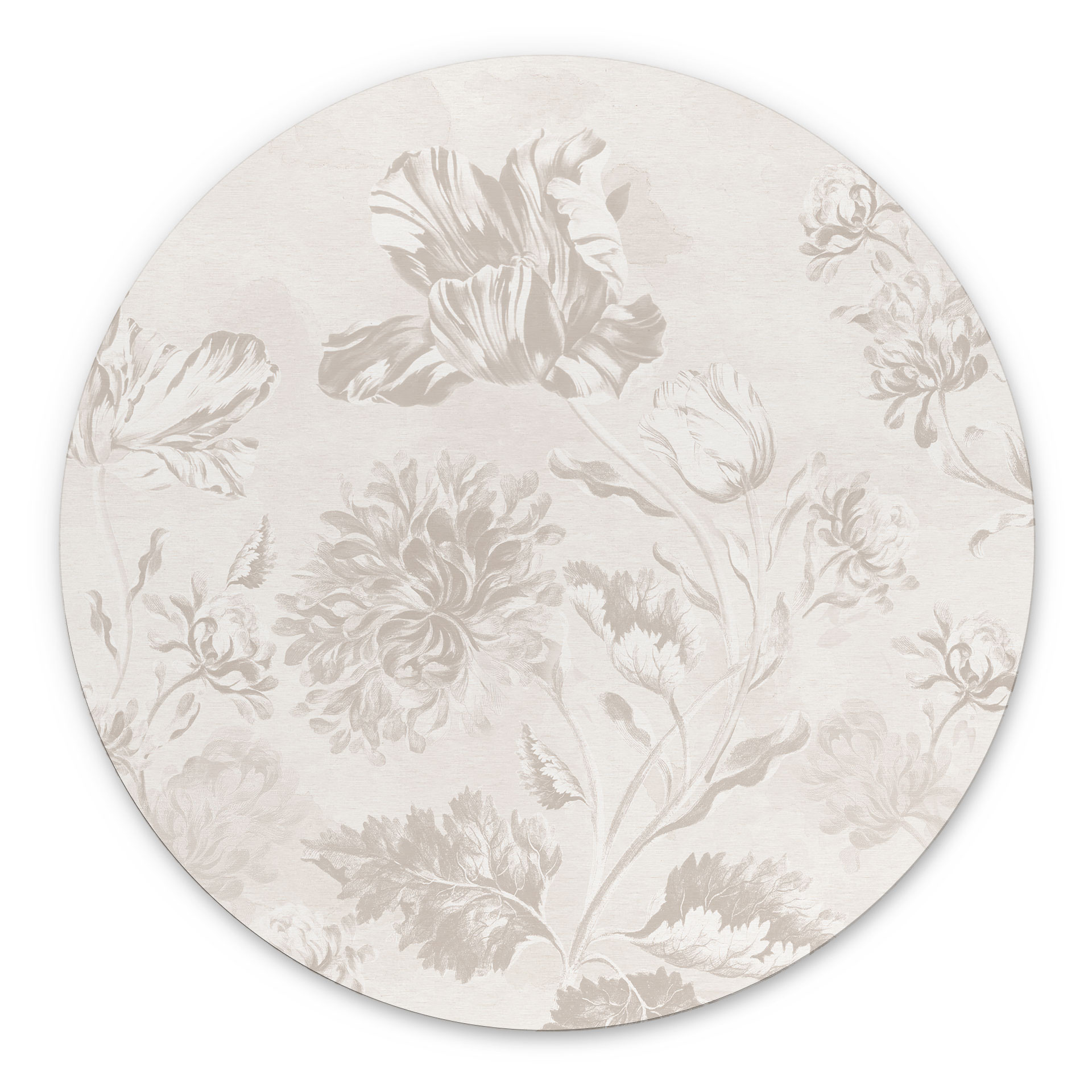 Billede af vilde blomster i kridtlook Greige - Bloomery Decor - rund – print på aluminium