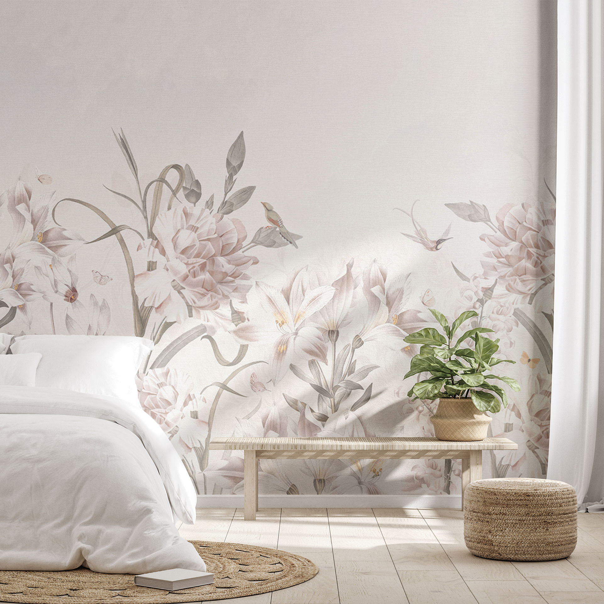 Fotobehang Bloemenweide in lichtroze - Bloomery Decor