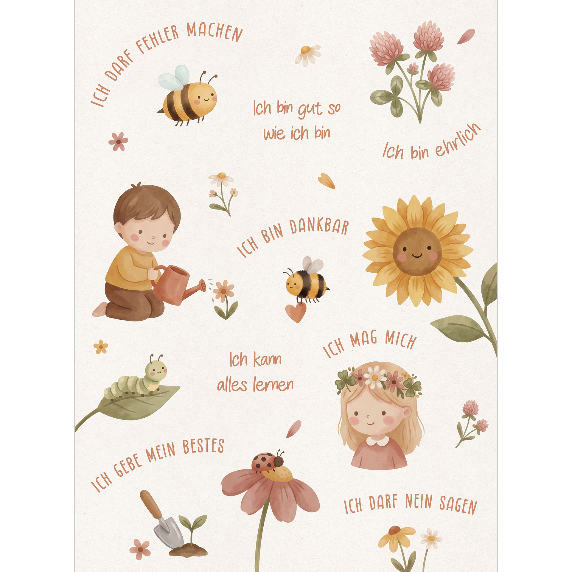 Fototapete mit Affirmationssprüchen zwischen Blumen für das Kinderzimmer