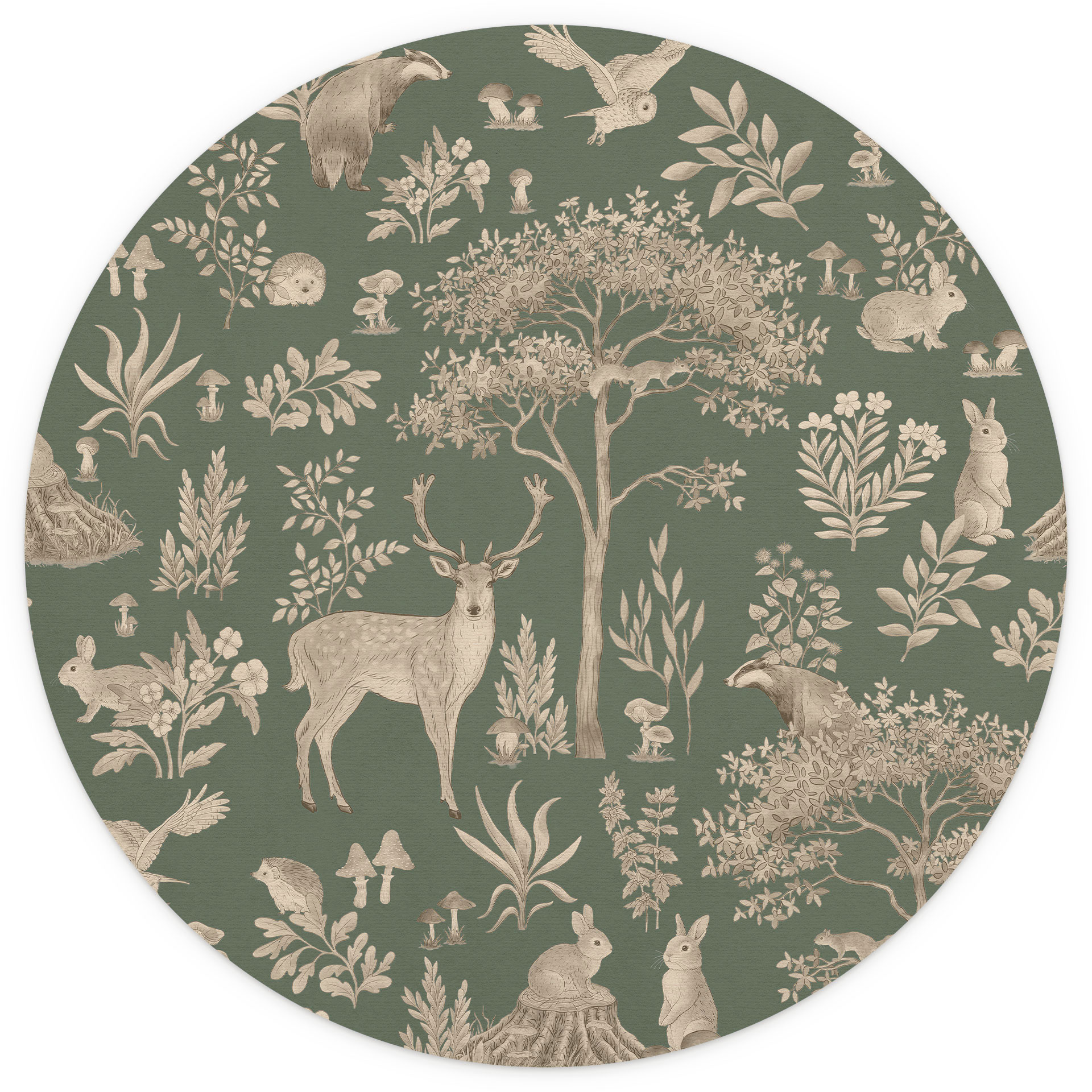 Betoverend bos met dieren behang - Vintage groen - Kikki Belle - Rond - vliesbehang/zelfklevend vlie