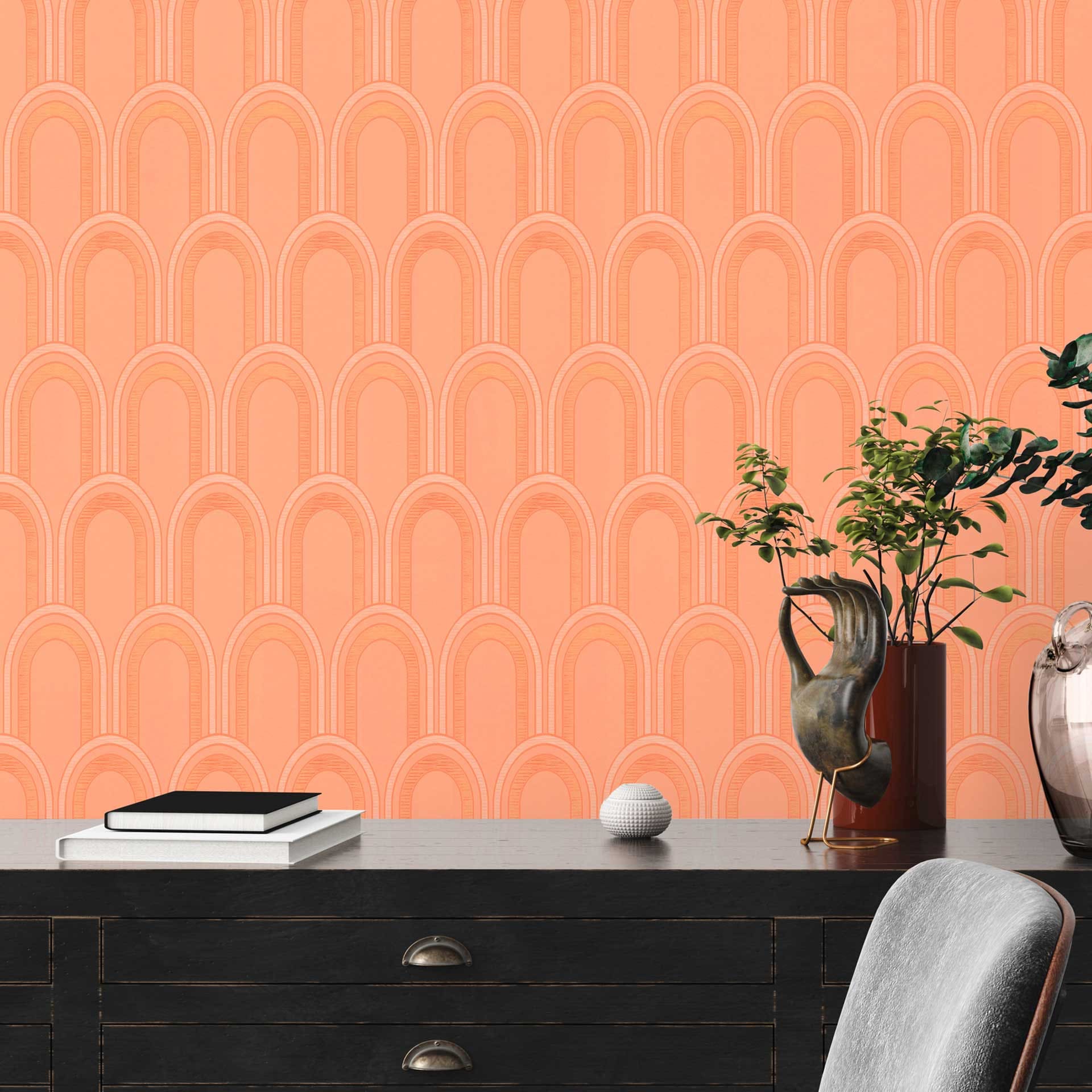 behangpapier met bogen art deco stijl oranje wit - grafisch behang retro look