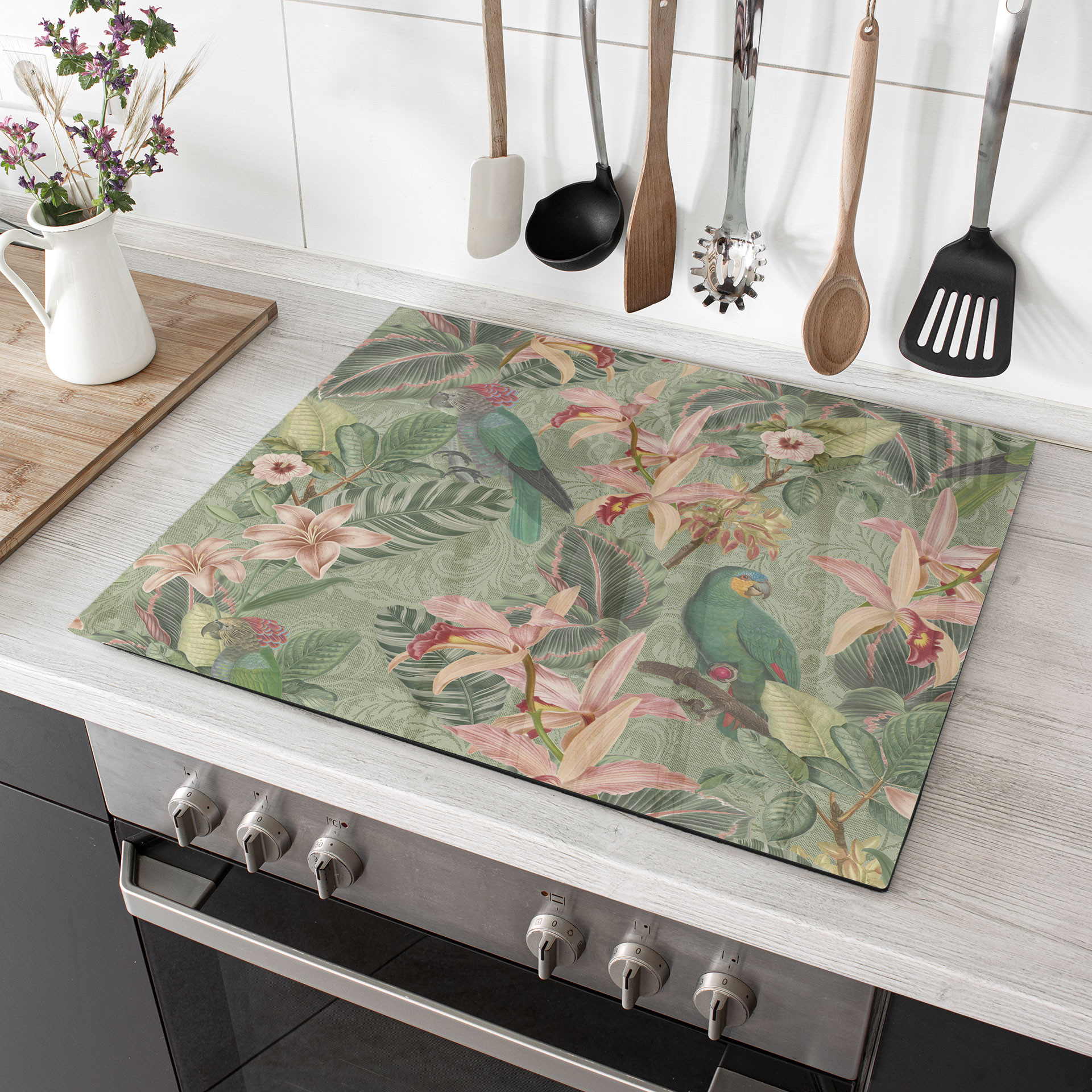 Herdabdeckplatte Dschungel mit Papageien Grün - Bloomery Decor