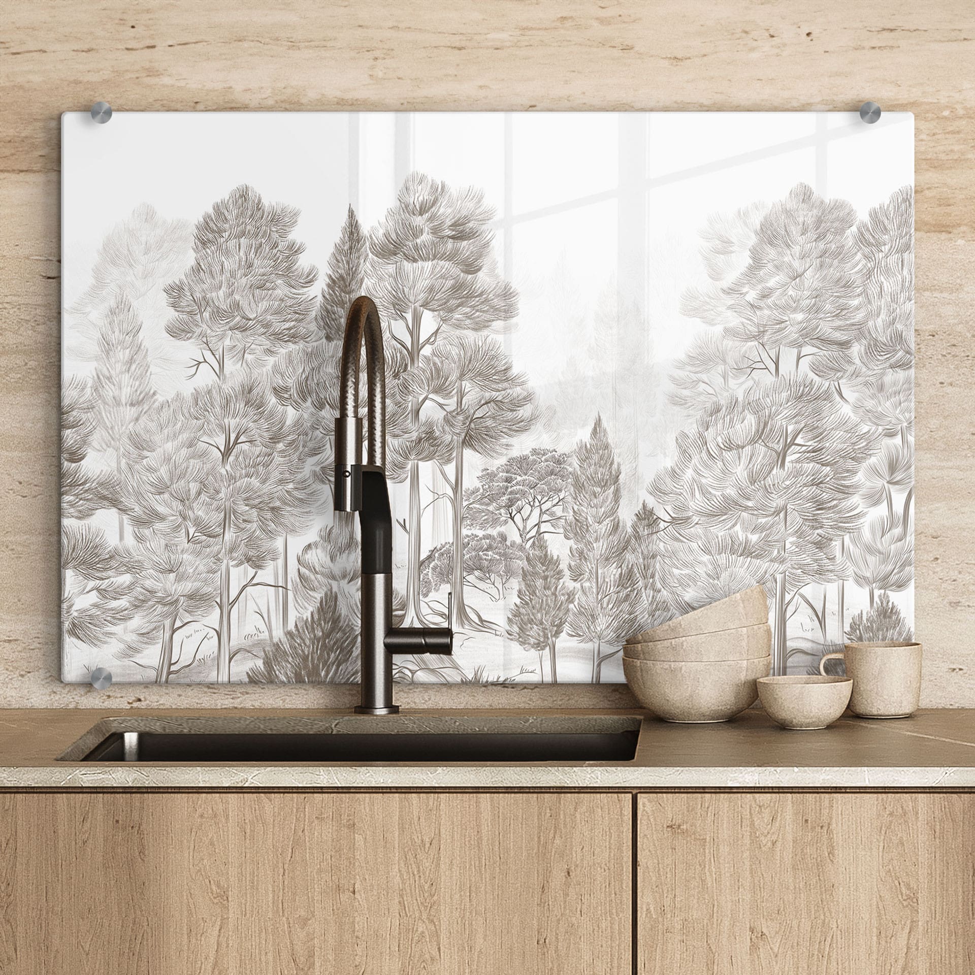 Spatscherm bos met boslandschap in beige - Ms Tiff