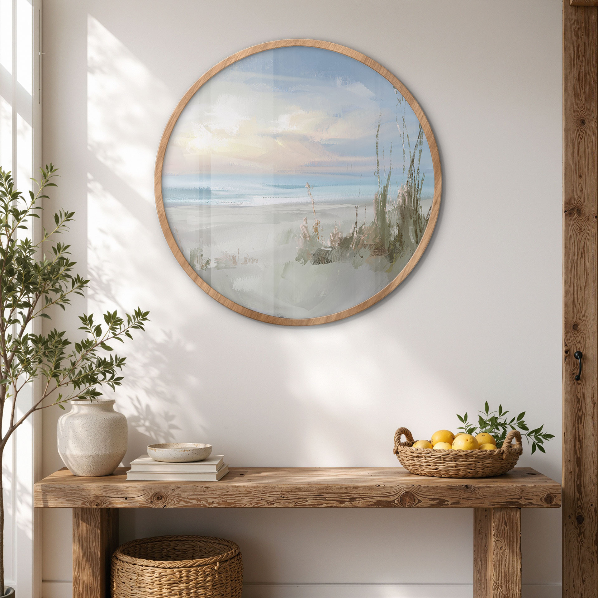 Poster Rustig strand in pastelkleuren - Cheney - Rond