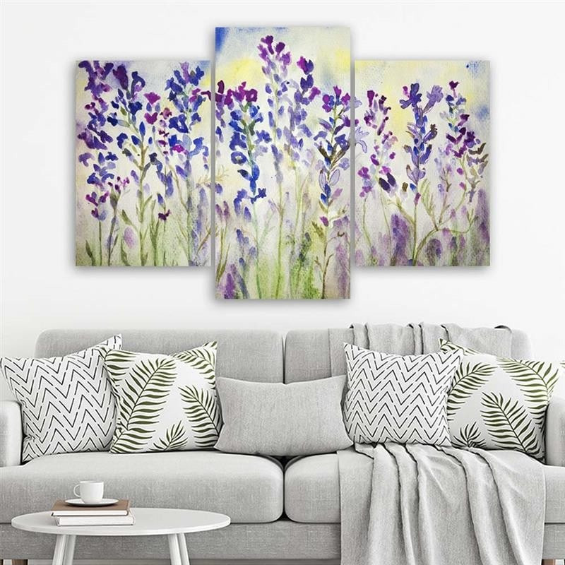 3-delt lærredstryk, markblomster violet