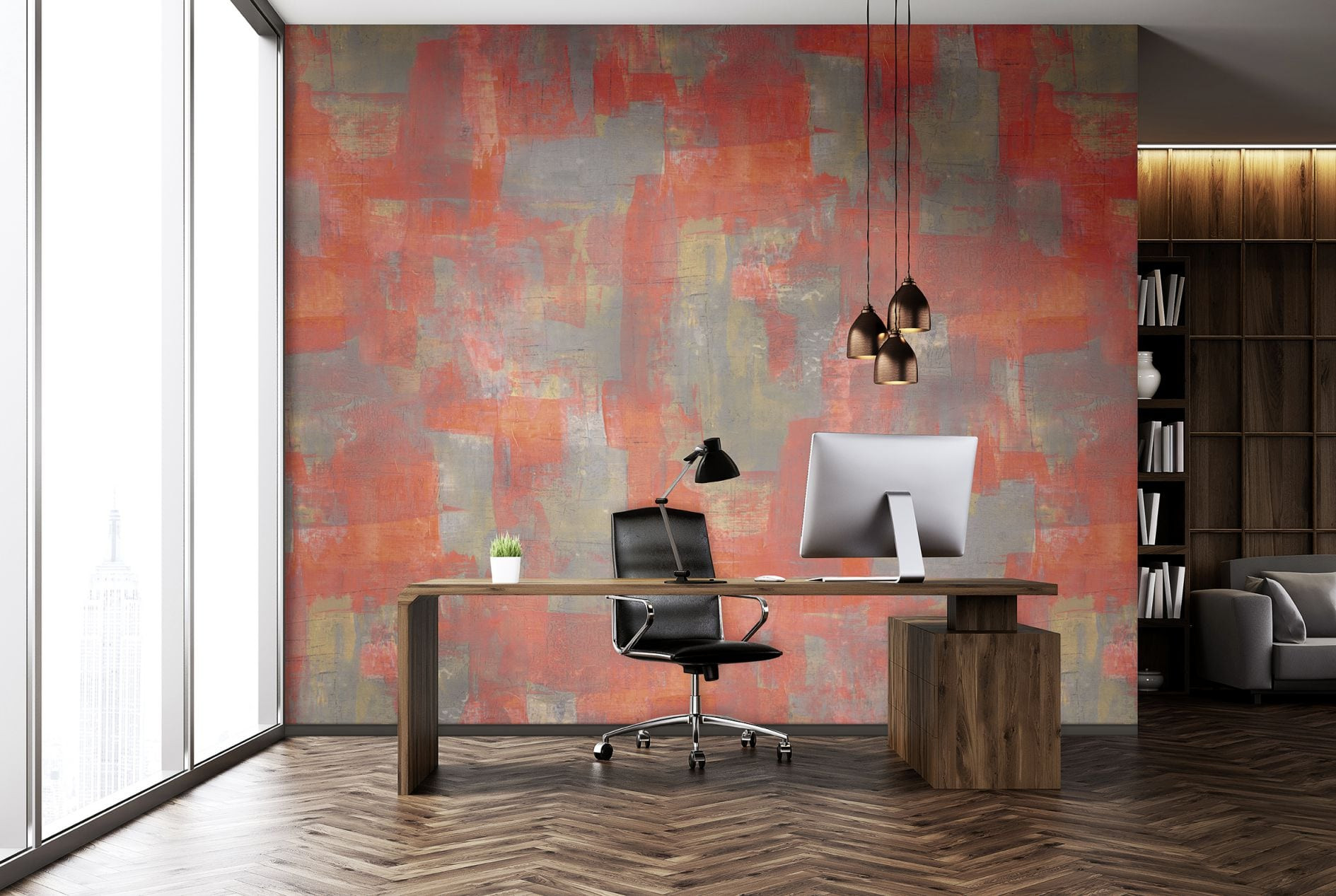 Papier peint photo Aplats de couleurs abstraites en rouge gris et ocre avec structure 2,7 x 2,65 m