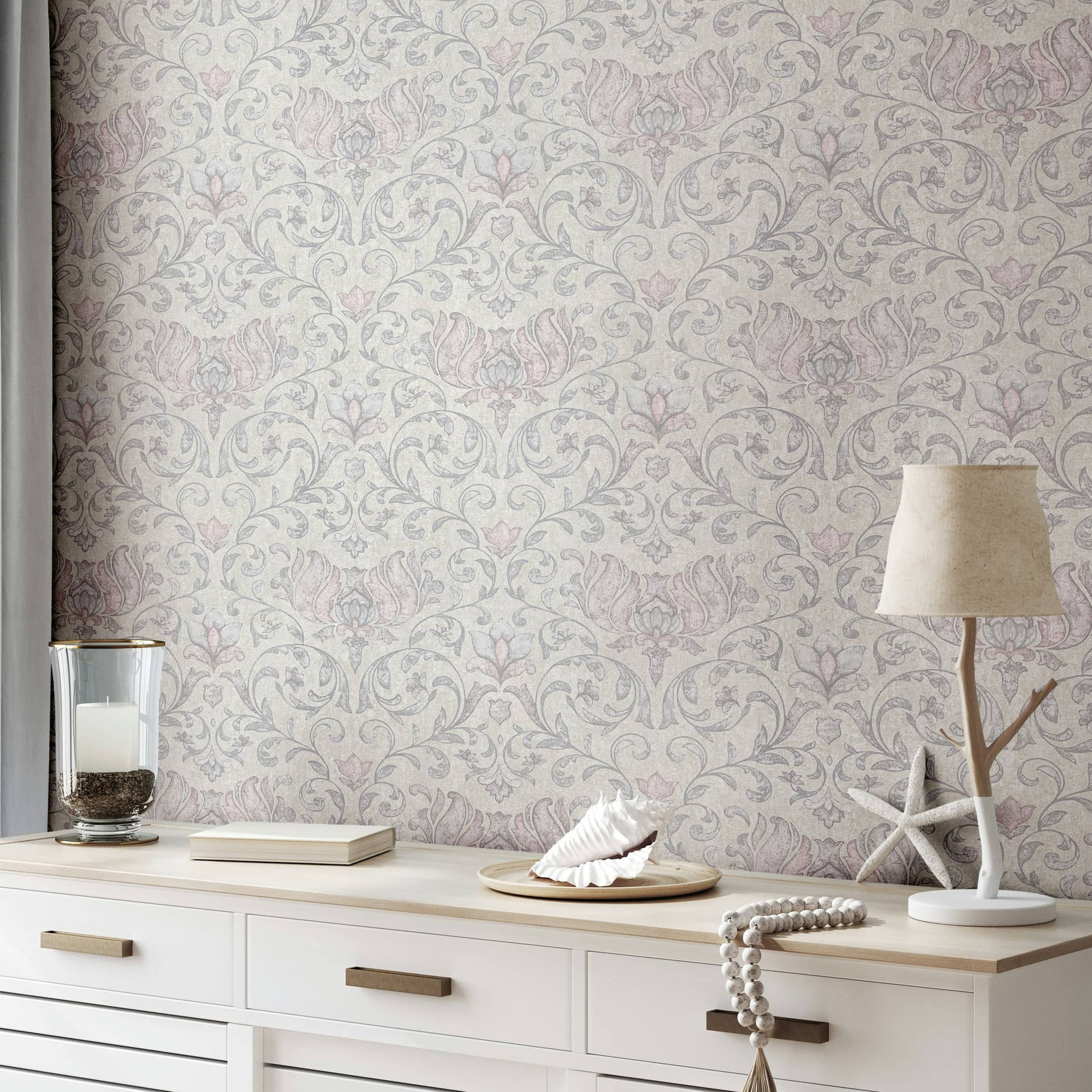 vliesbehang met bloemen, bladeren ornamenten glanzend grijs bloemmotieven