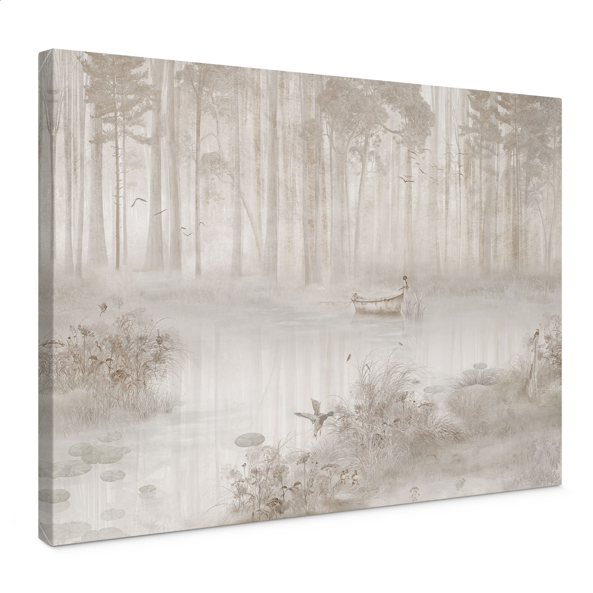 Canvas schilderij bos bij het meer in beige mist - Ms Tiff