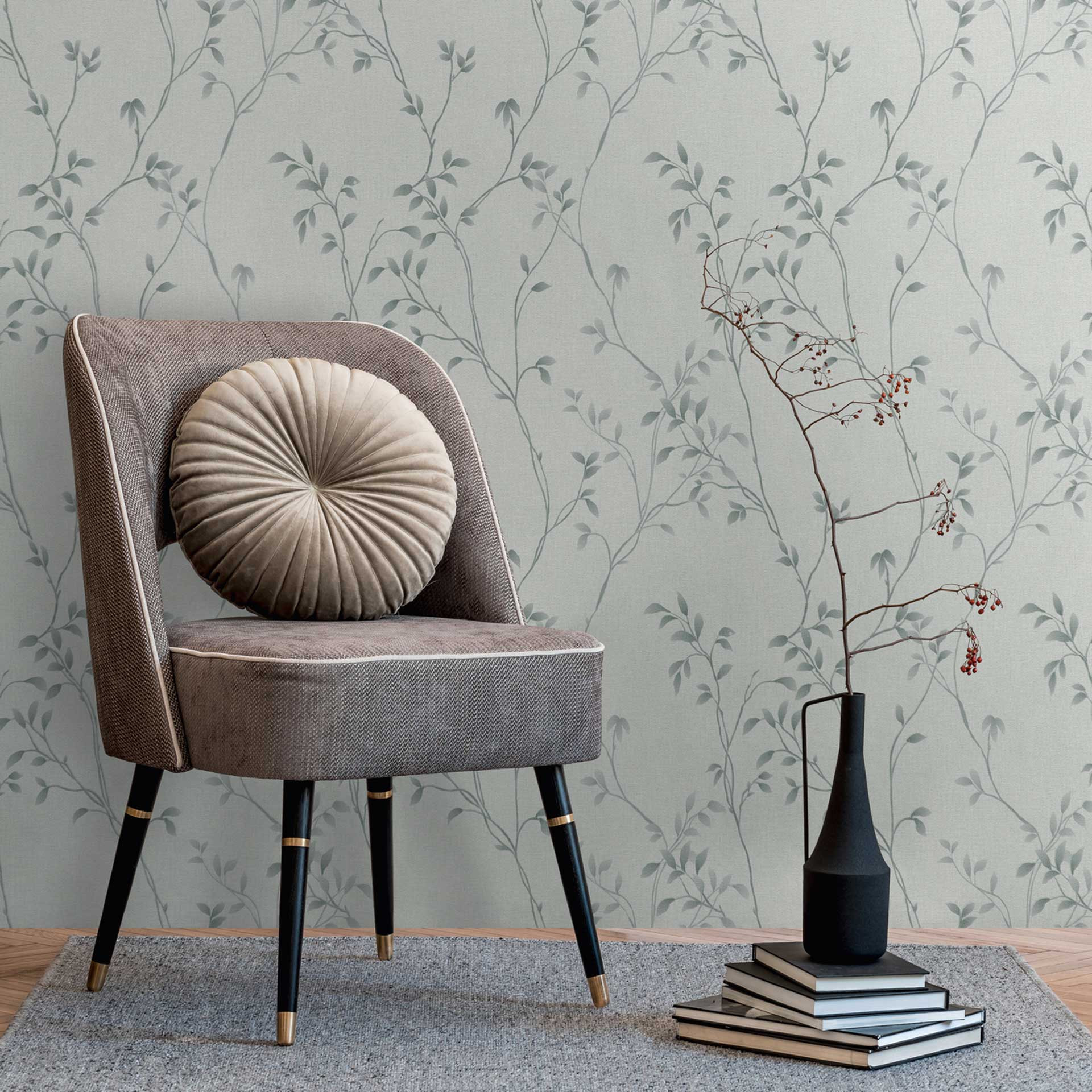 Bloemen ranken behang grijs zilver - Vliesbehang met bladmotief