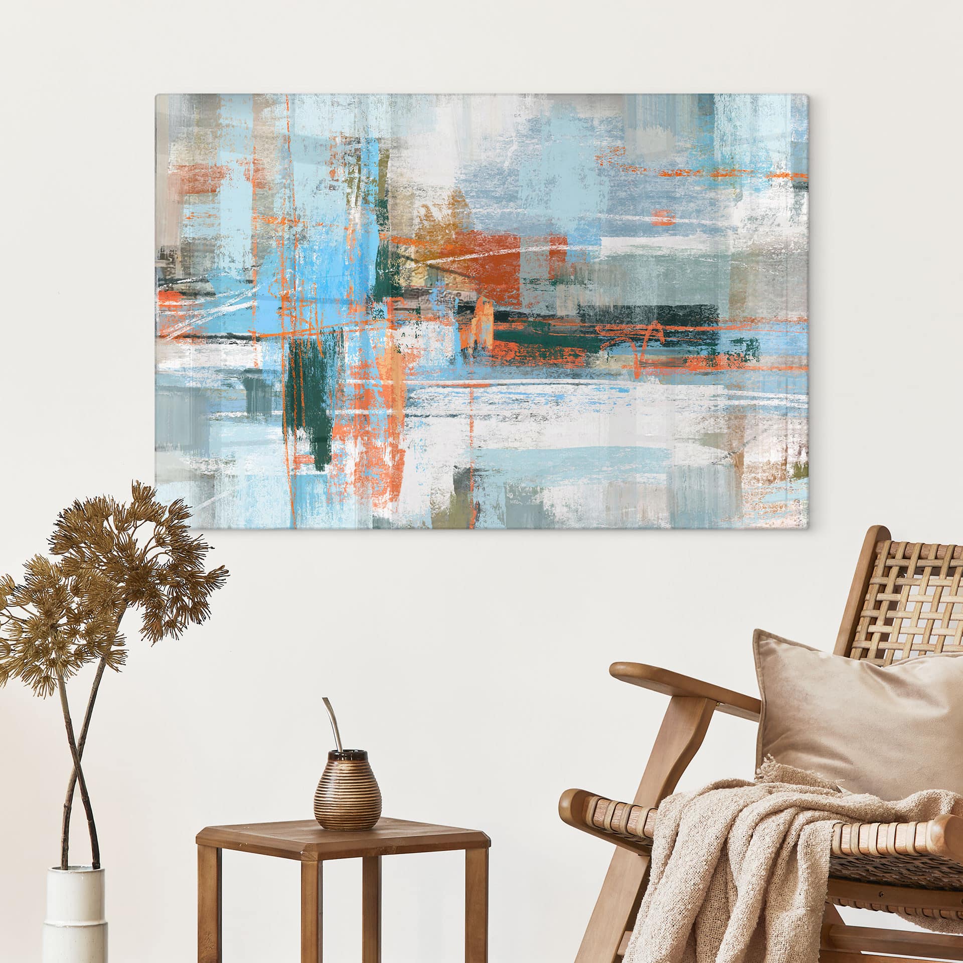 Glasbild Abstraktes Farbspiel blau orange - Cheney
