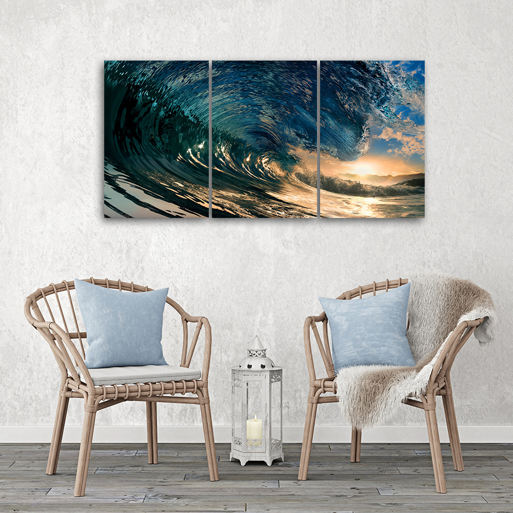 3 stykke lærredstryk Bølger Sea Ocean Sun