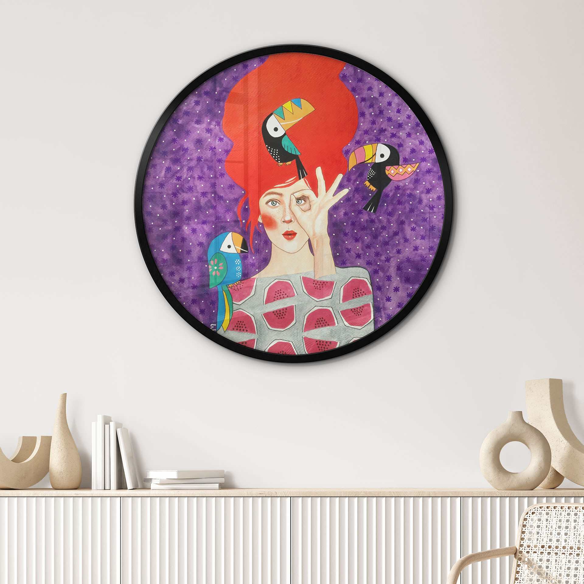 Poster Femme avec trio de toucans - Hülya - Rond