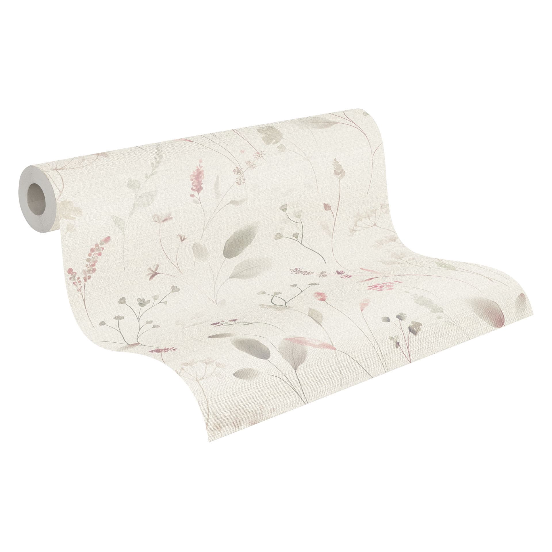 Weidebloemen behang roze beige wit - Vliesbehang met bloemen aquarel look