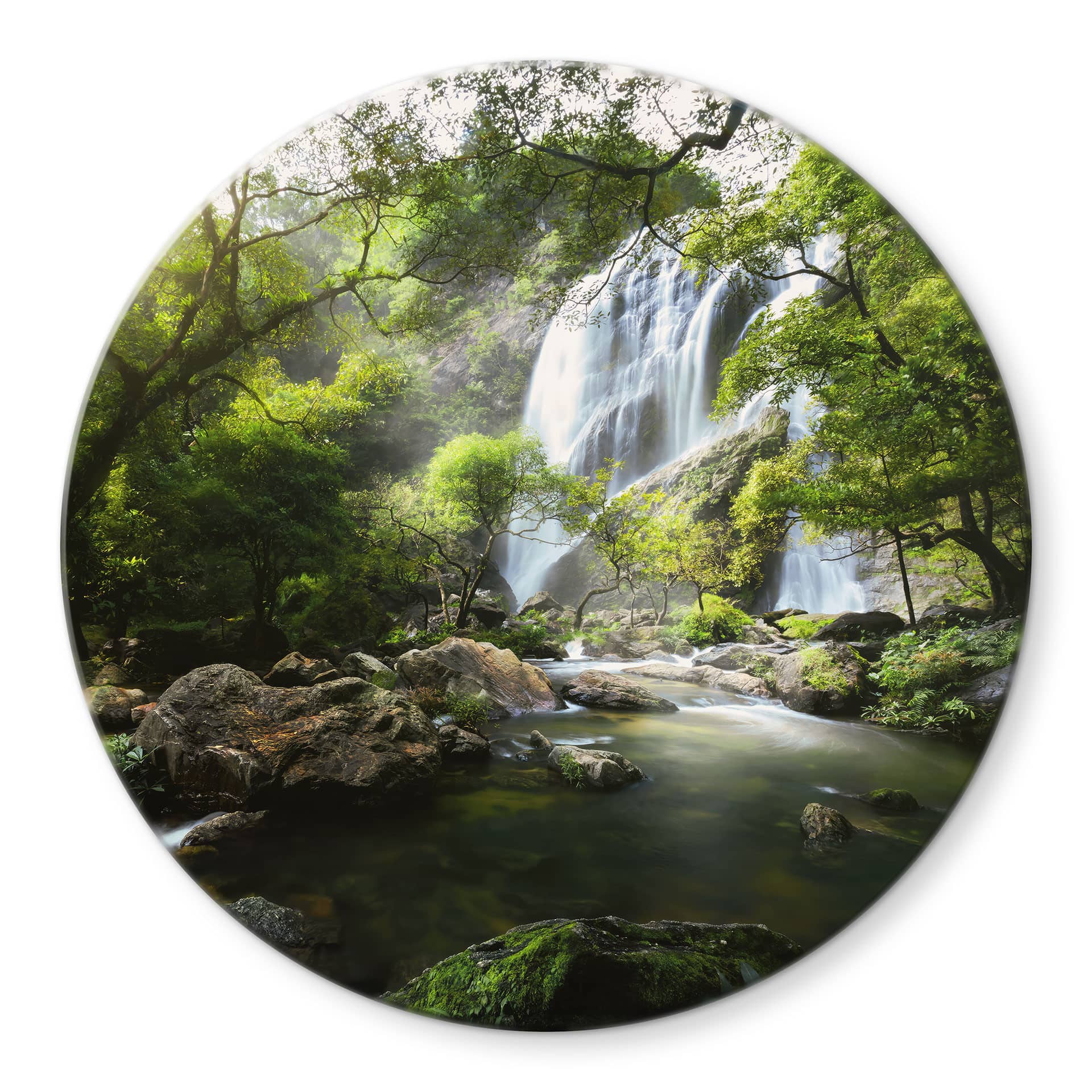 Glasbild Wasserfall im Wald - Rund - Foto