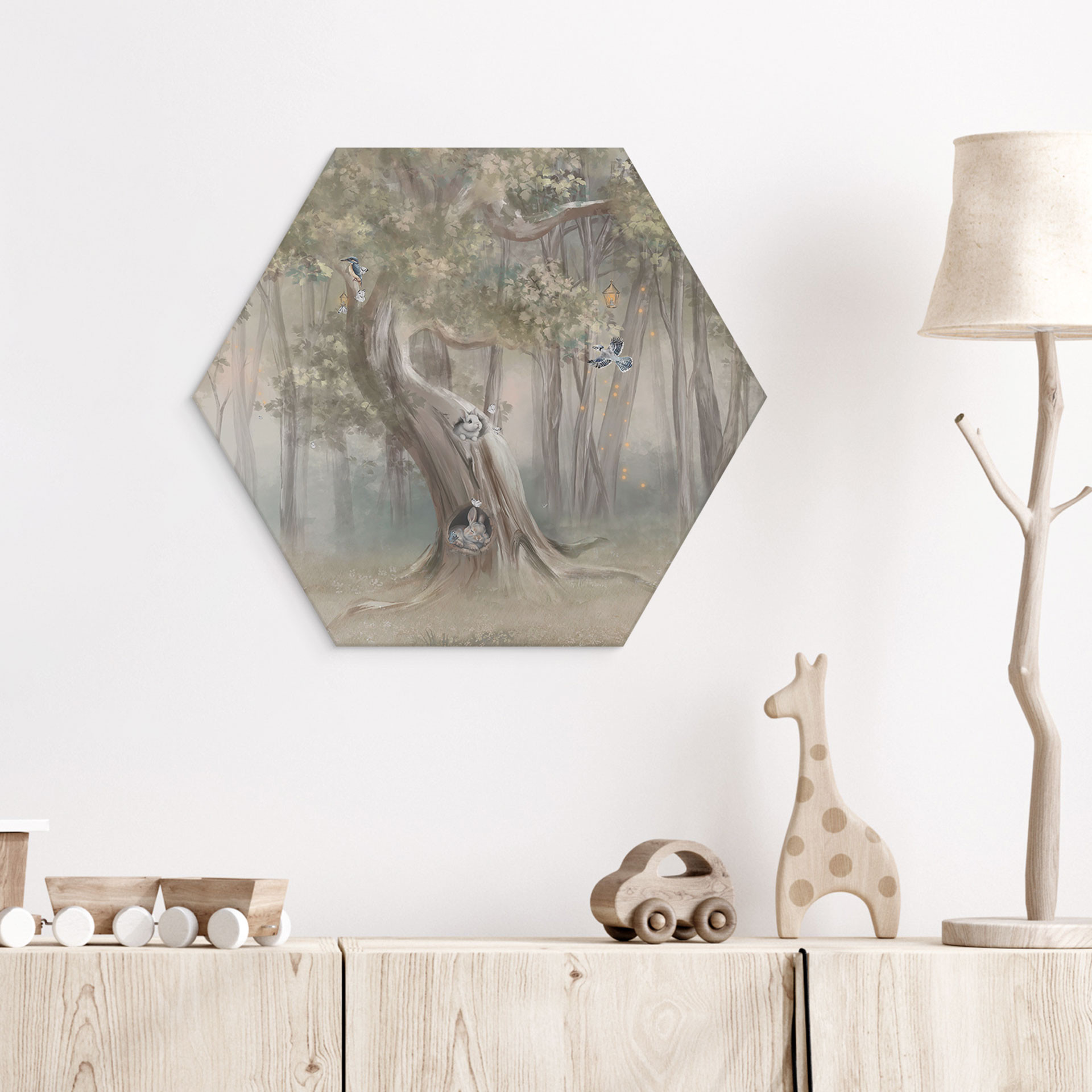 Zeshoek Wanddecoratie schattige bosdieren tussen bomen - Ms Tiff - Alu-Dibond