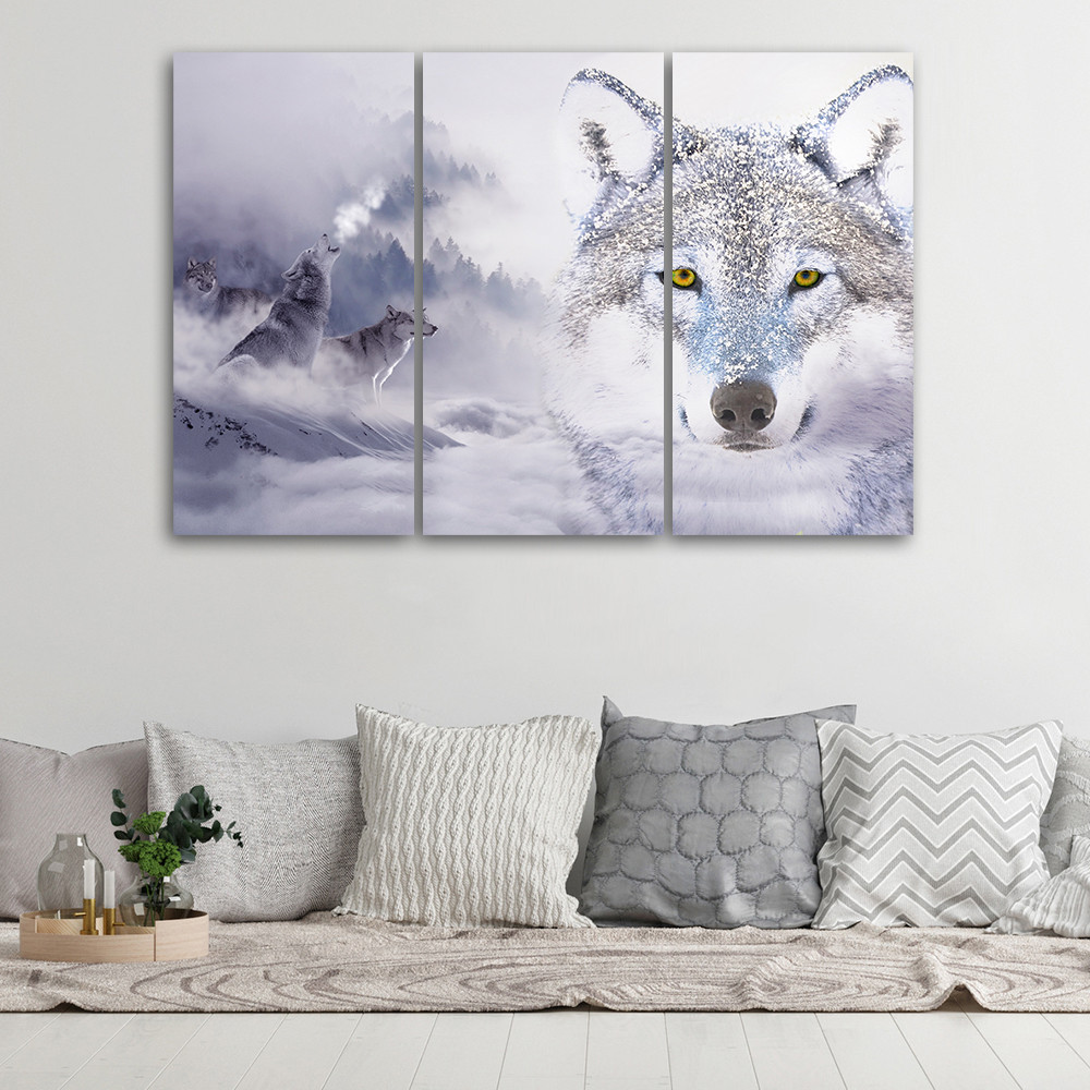 3 stykke lærredsprint, Wolf Forest Fog Nature Grey