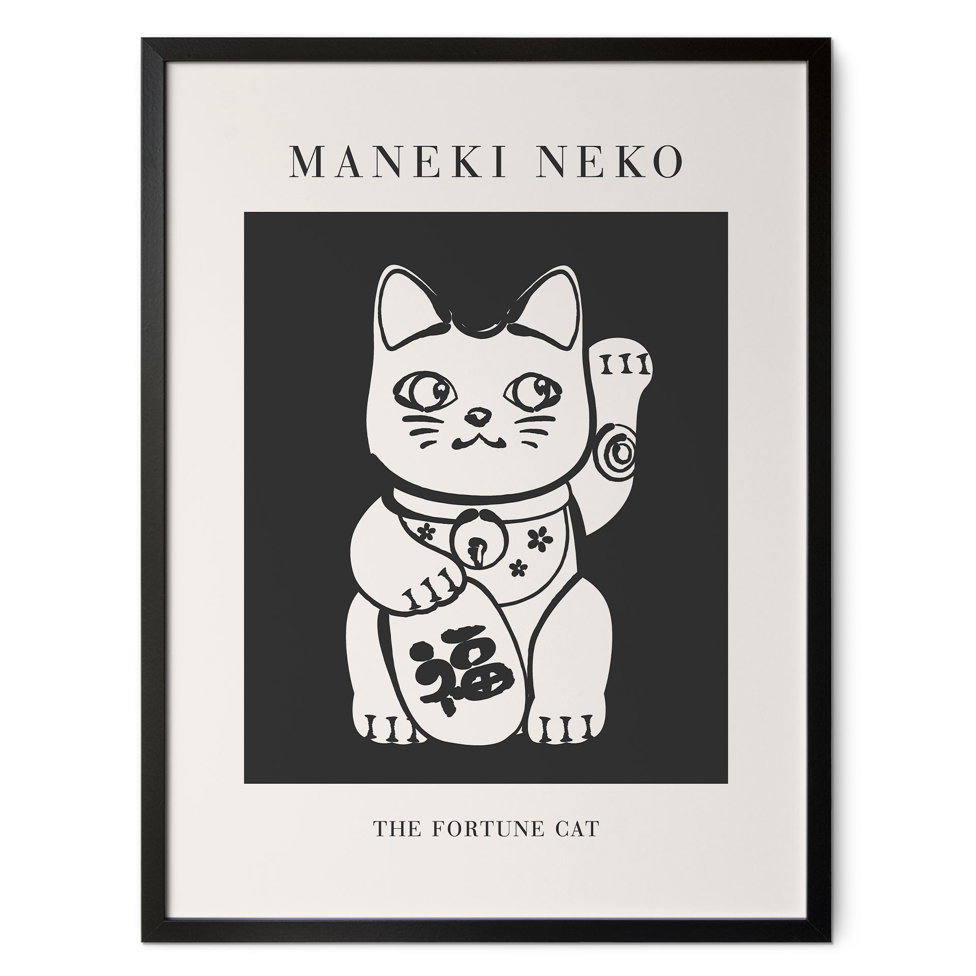 Czarno-biały Plakat Maneki Neko - Szczęśliwy kot - KsanaKalpa