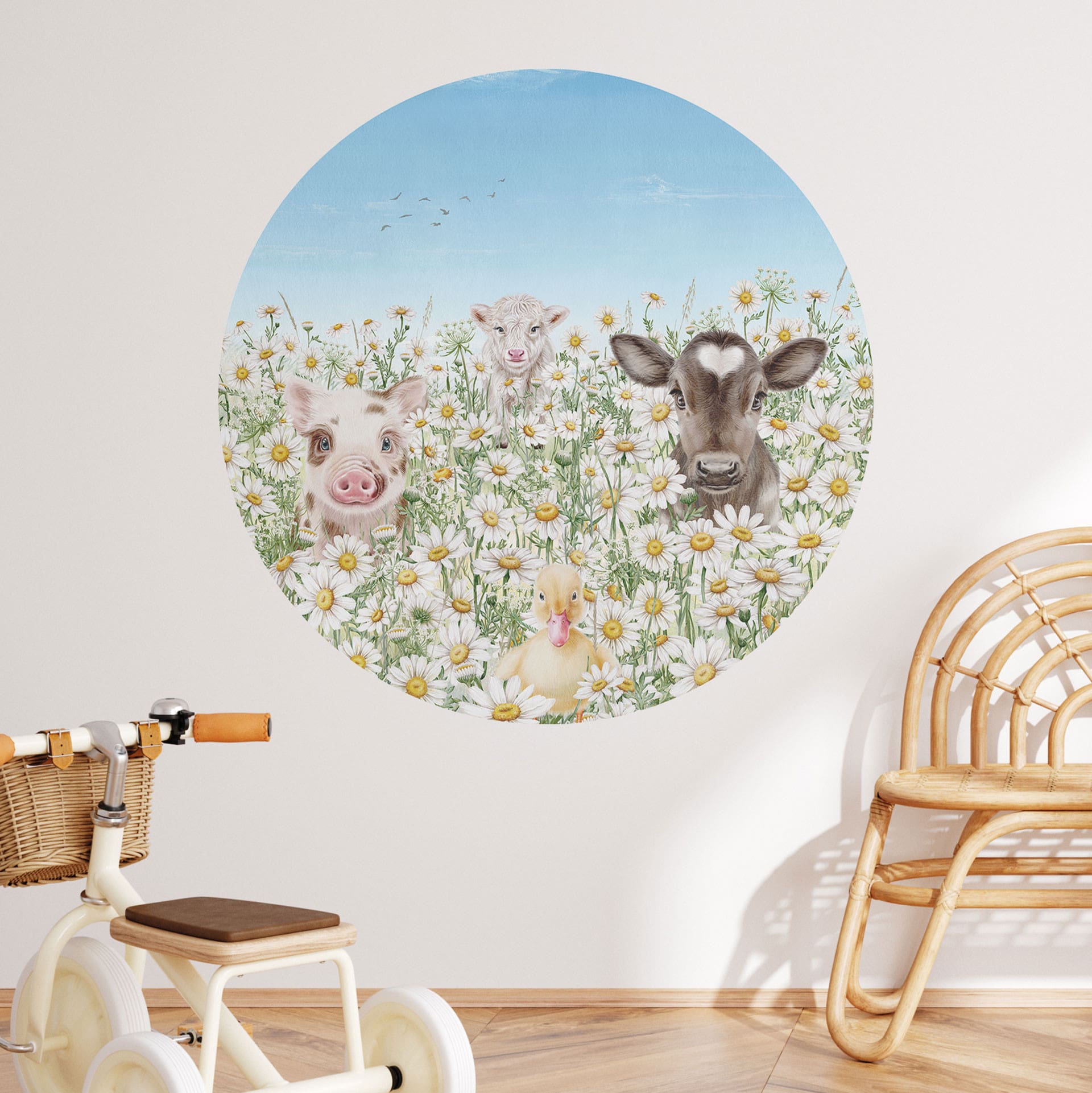 Vinilo decorativo Animales de granja en el prado florido - Kikki Belle - Redondo