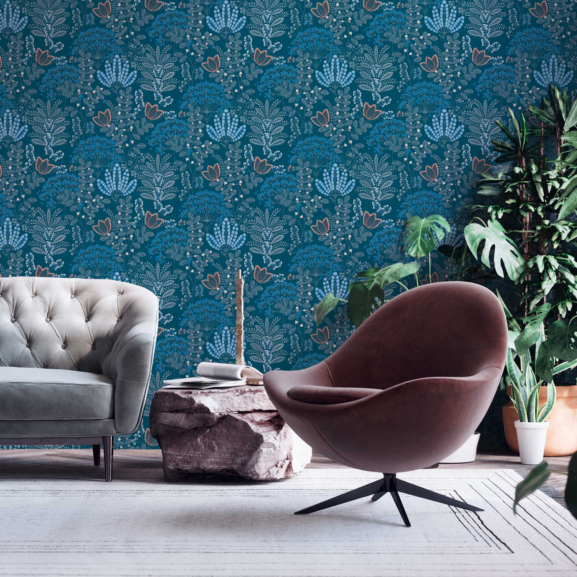 retro bloemen behang blauw wit - bloemetjes vliesbehang met bladeren