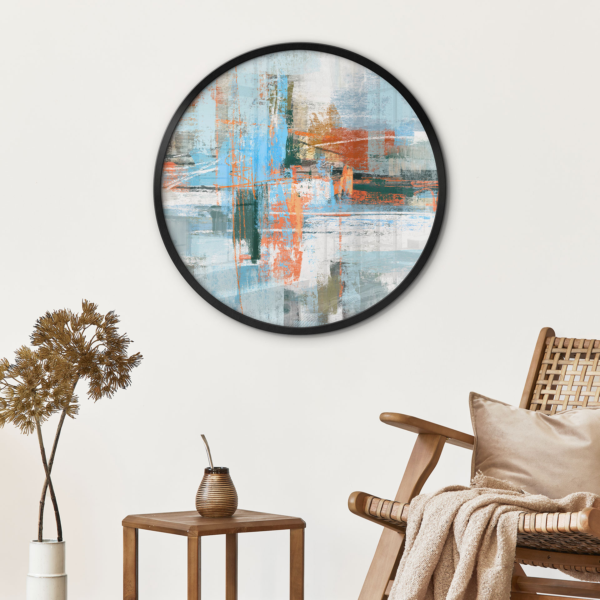 Poster Abstract Kleurenspel Blauw Oranje - Cheney - Rond