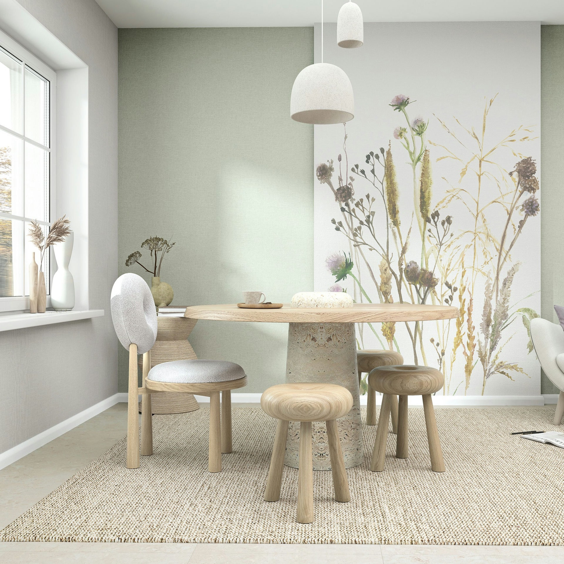 Fotobehang bloemen, bladeren bloem natuur mat in wit, beige 2,70 x 1,59m