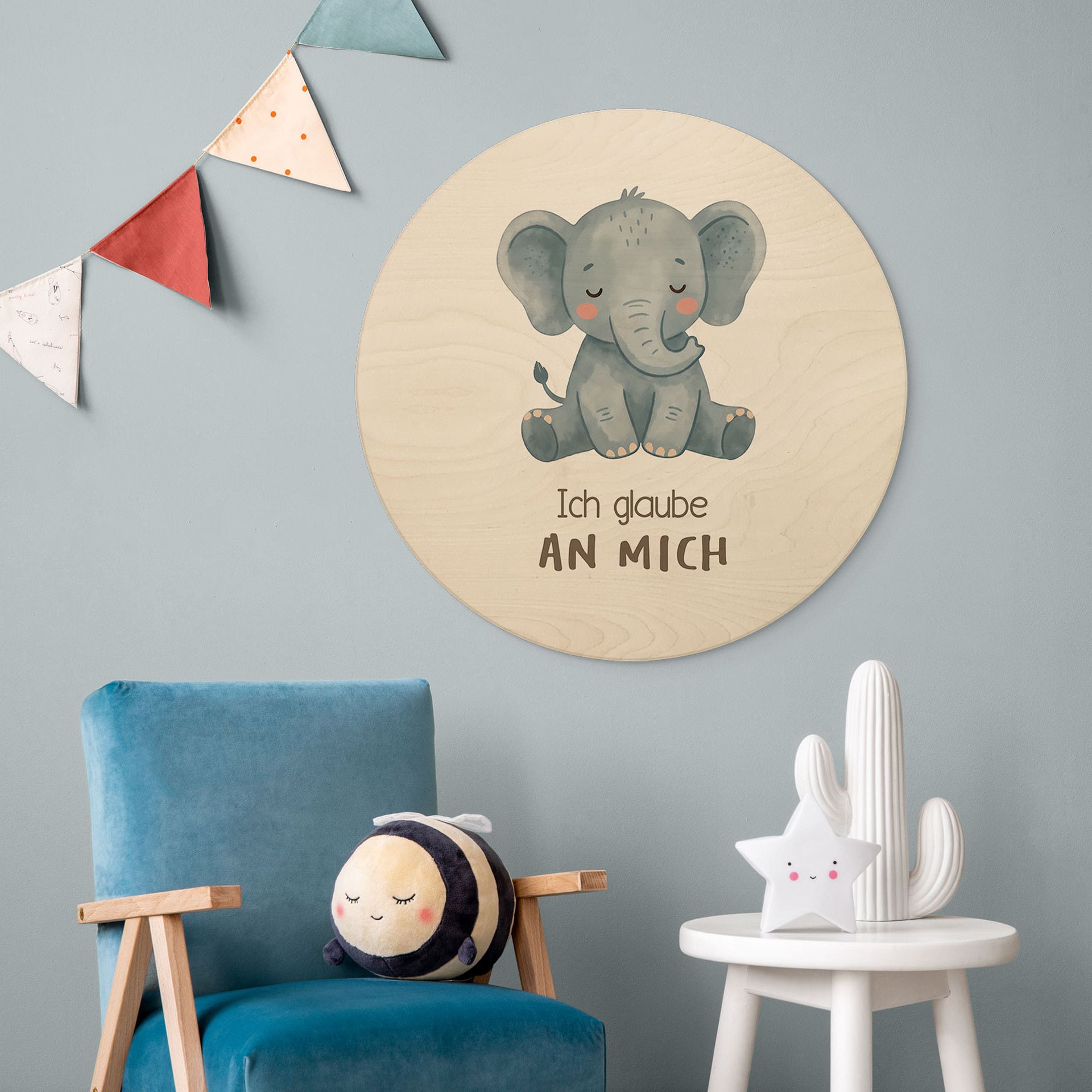Rundes Holzbild mit Elefant - 'Ich glaube an mich'