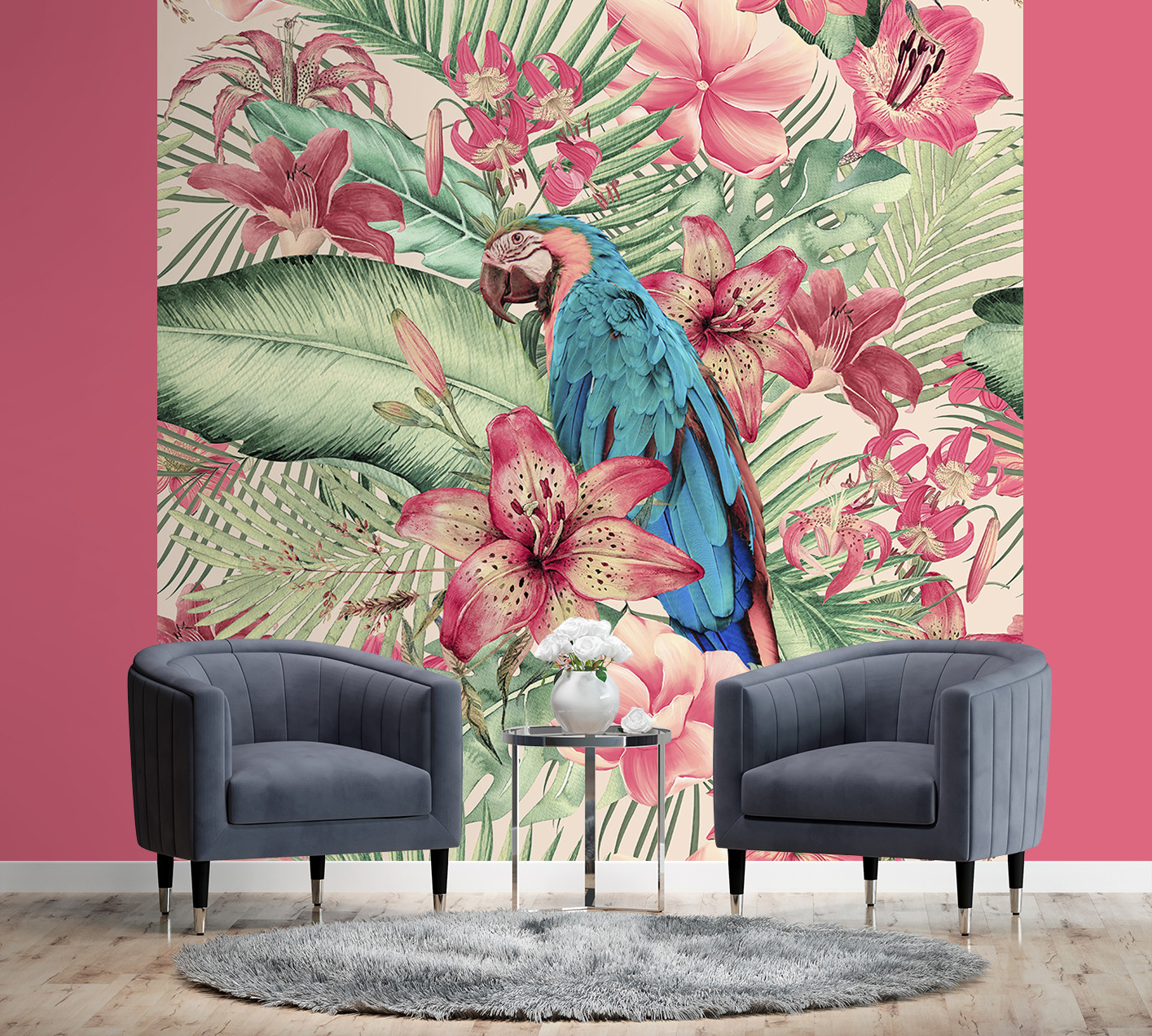 Fototapete, Exotische Papagei zwischen rosa Blättern - Andrea Haase
