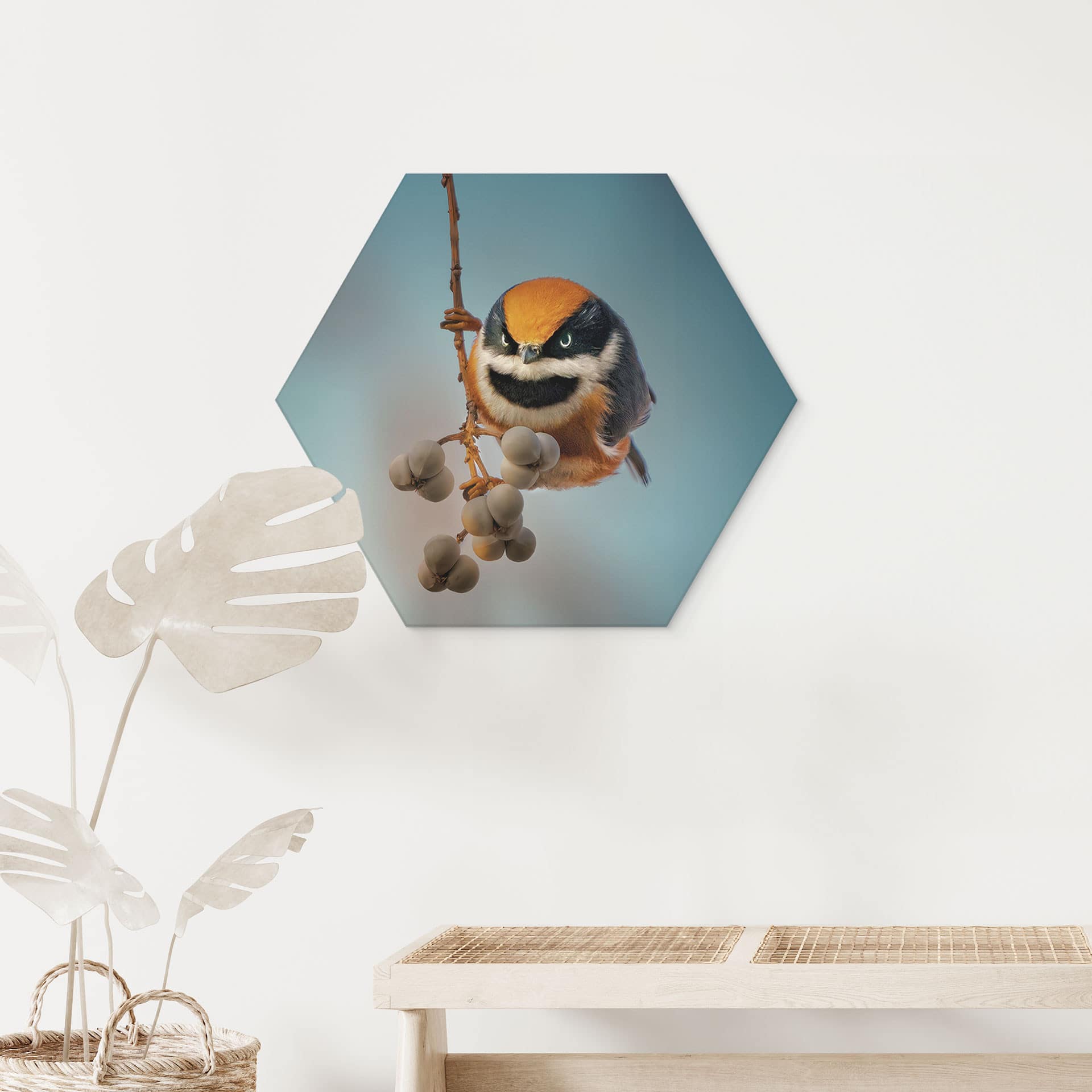 Hexagon Billede Lille Fugl på Gren - Jacob Xu - Alu-Dibond