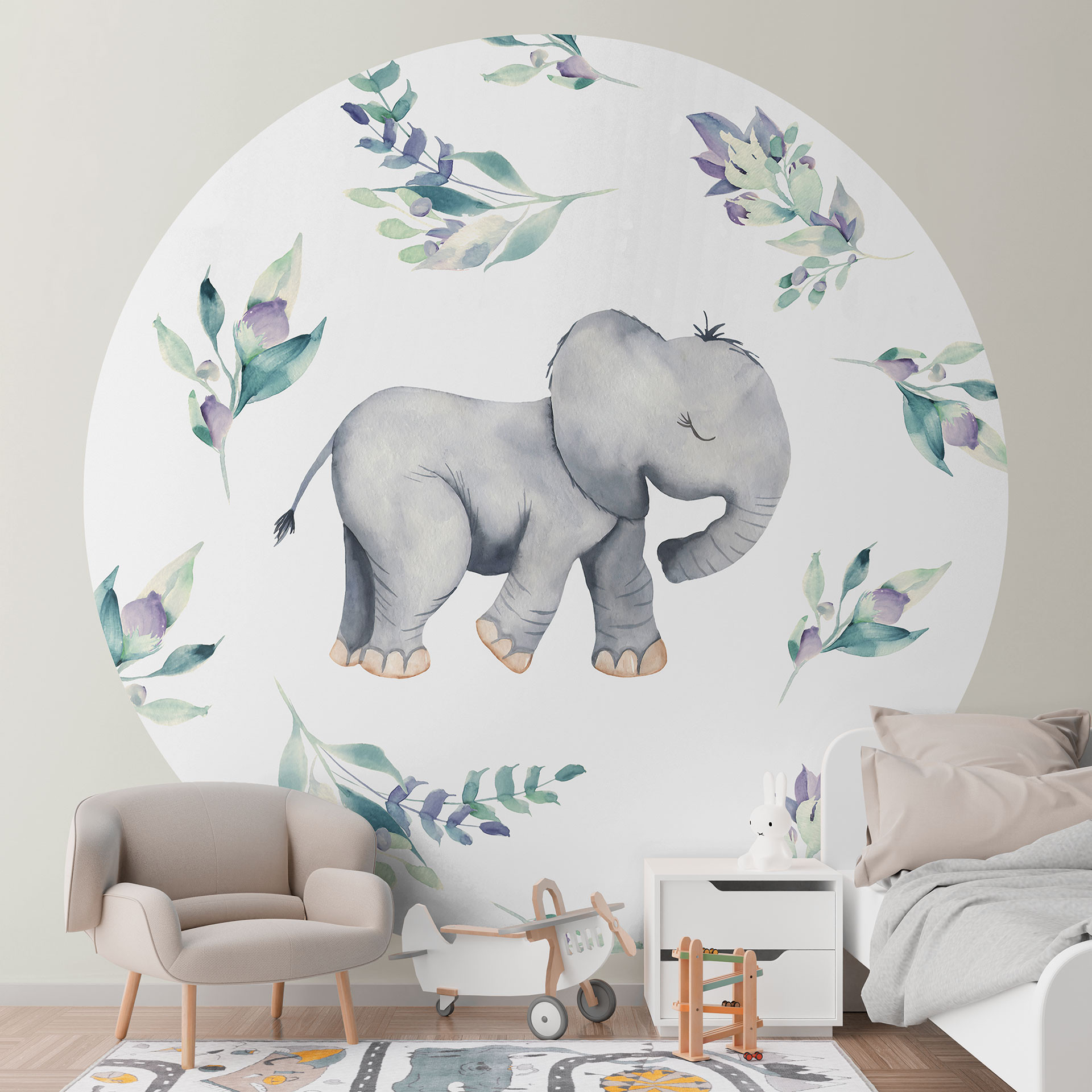 Behangcirkel Schattige baby olifant tussen boho takken - UN Designs - vliesbehang/zelfklevend vliesb