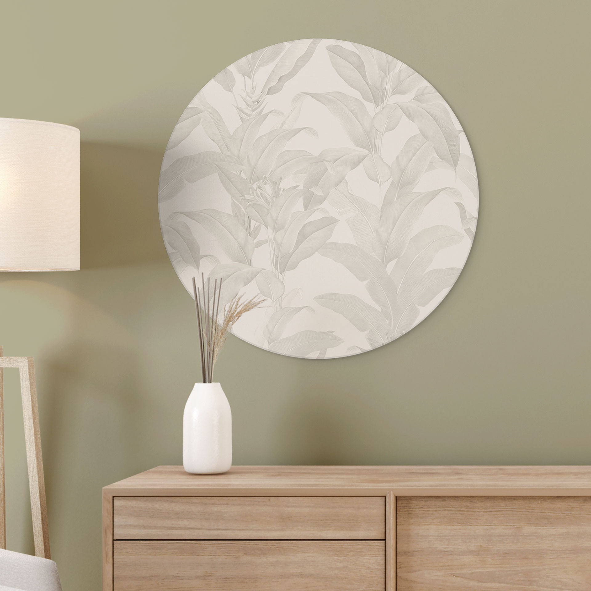 Billede Urban Jungle Tropical Leaves Cream - Bloomery Decor - rund – print på aluminium (Alu-Dibond)